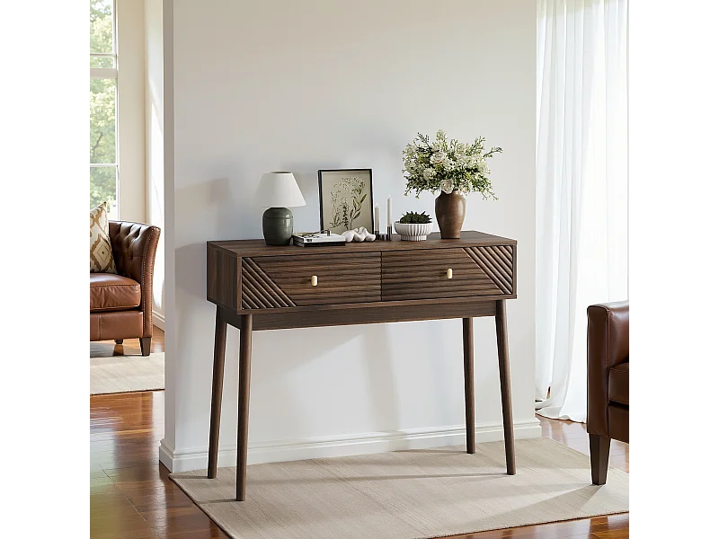 Bureau Mid-Century, 2 tiroirs, MDF, noyer (100x35x80 cm)