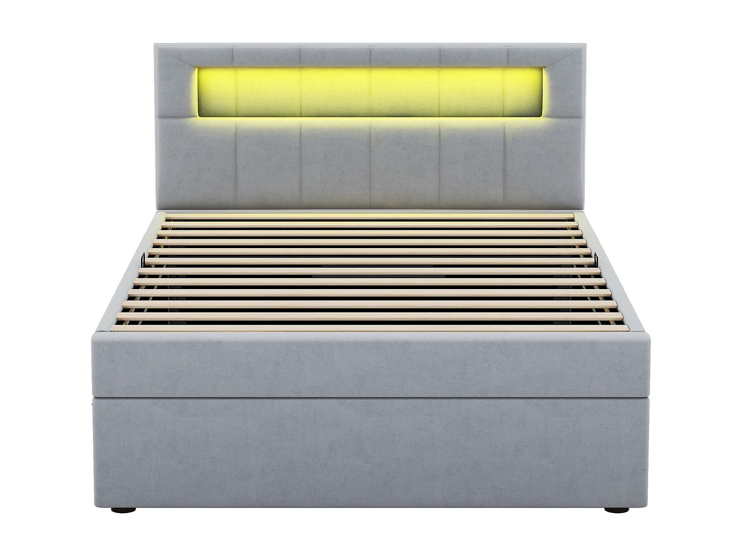 Lit avec rangement et éclairage LED, 90x200 cm, cadre en métal, tissu en velours gris, tête de lit réglable, design minimaliste (208x94.5x115.5 cm)