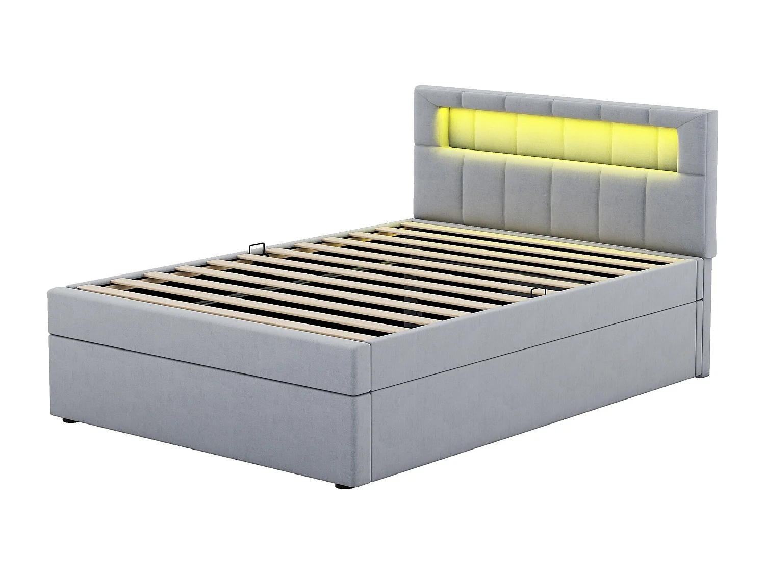 Lit avec rangement et éclairage LED, 90x200 cm, cadre en métal, tissu en velours gris, tête de lit réglable, design minimaliste (208x94.5x115.5 cm)