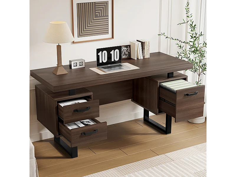 Scrivania moderna con contenitore, MDF + metallo, design minimalista, colore marrone (135x54x76 cm)