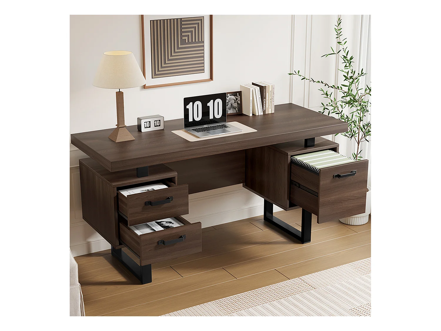 Bureau moderne avec rangement, MDF + métal, design minimaliste, couleur brune (135x54x76 cm)