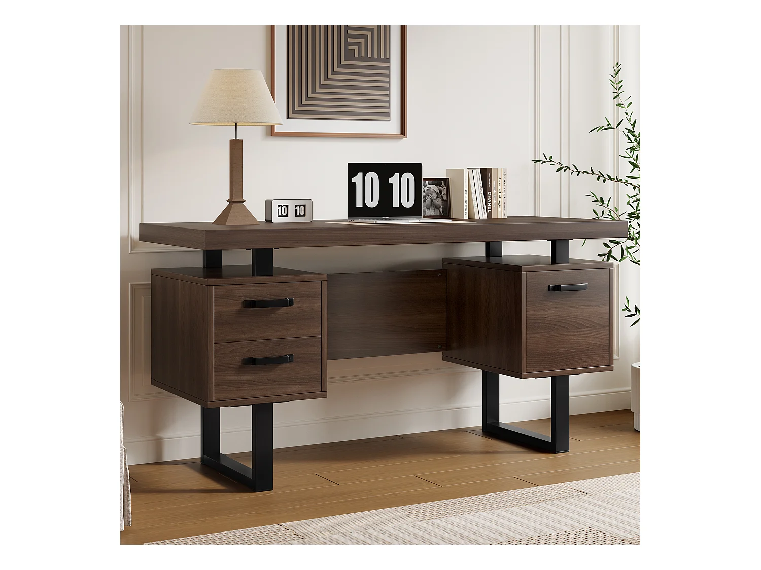 Bureau moderne avec rangement, MDF + métal, design minimaliste, couleur brune (135x54x76 cm)