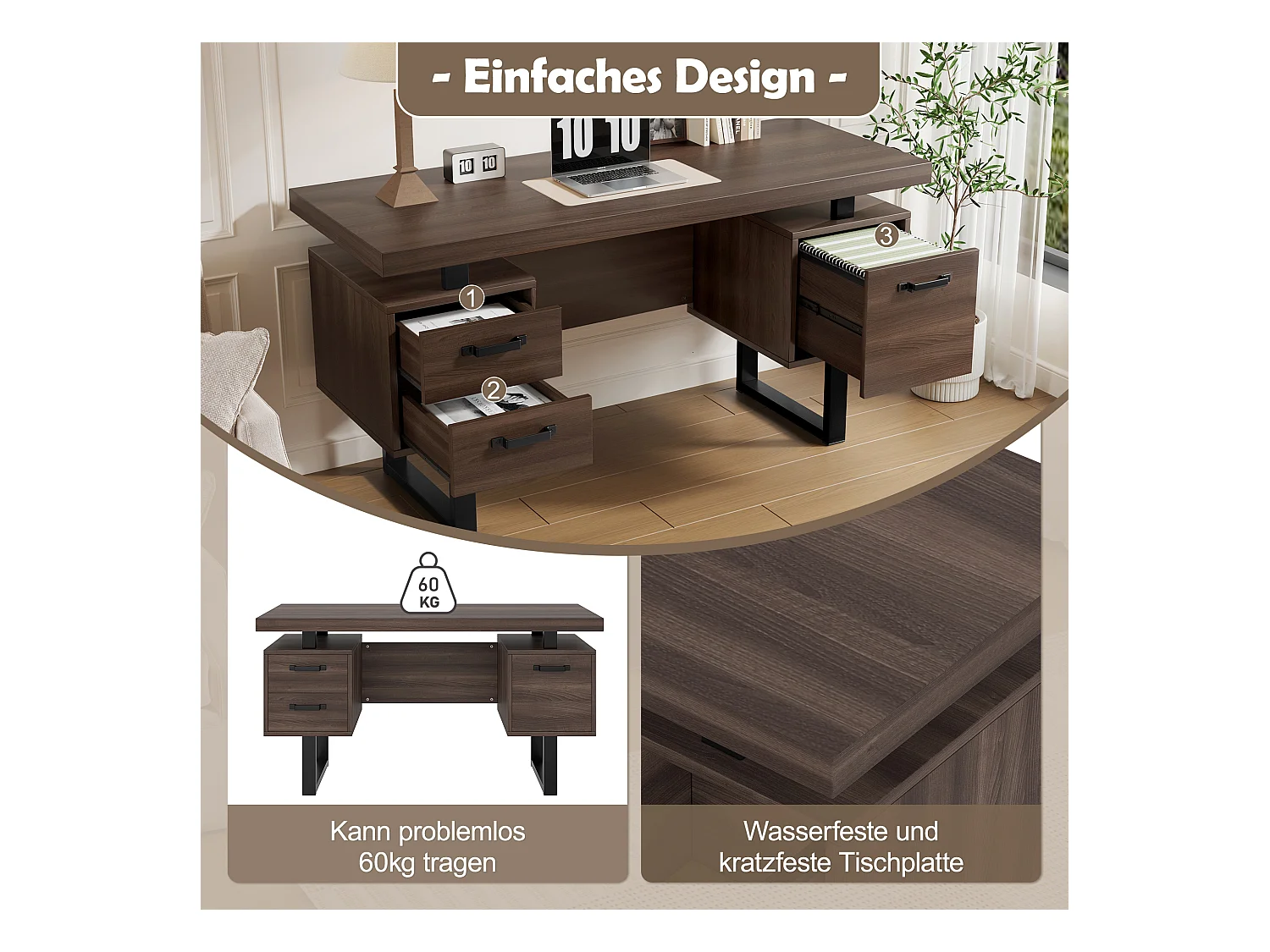 Bureau moderne avec rangement, MDF + métal, design minimaliste, couleur brune (135x54x76 cm)