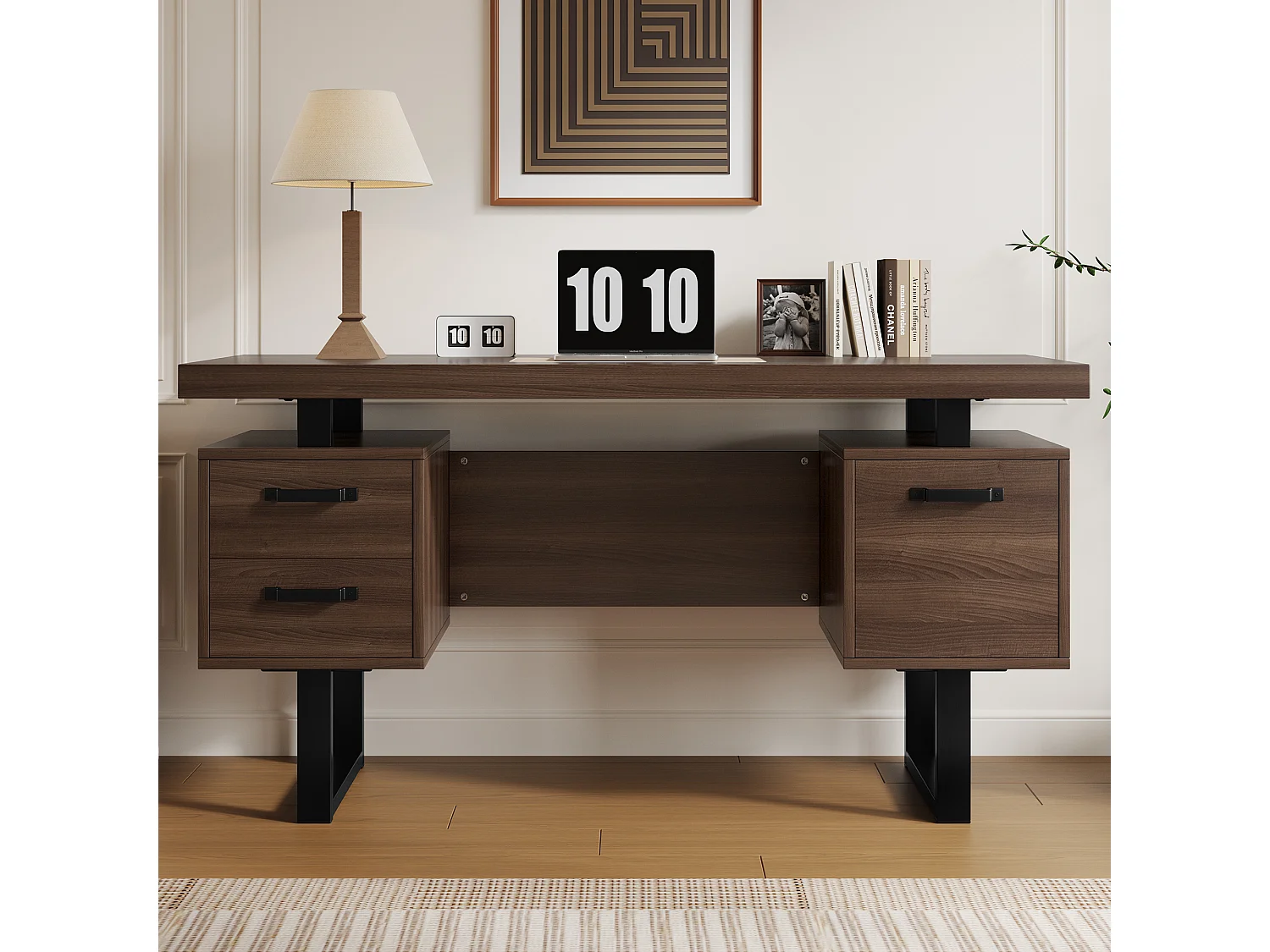 Bureau moderne avec rangement, MDF + métal, design minimaliste, couleur brune (135x54x76 cm)