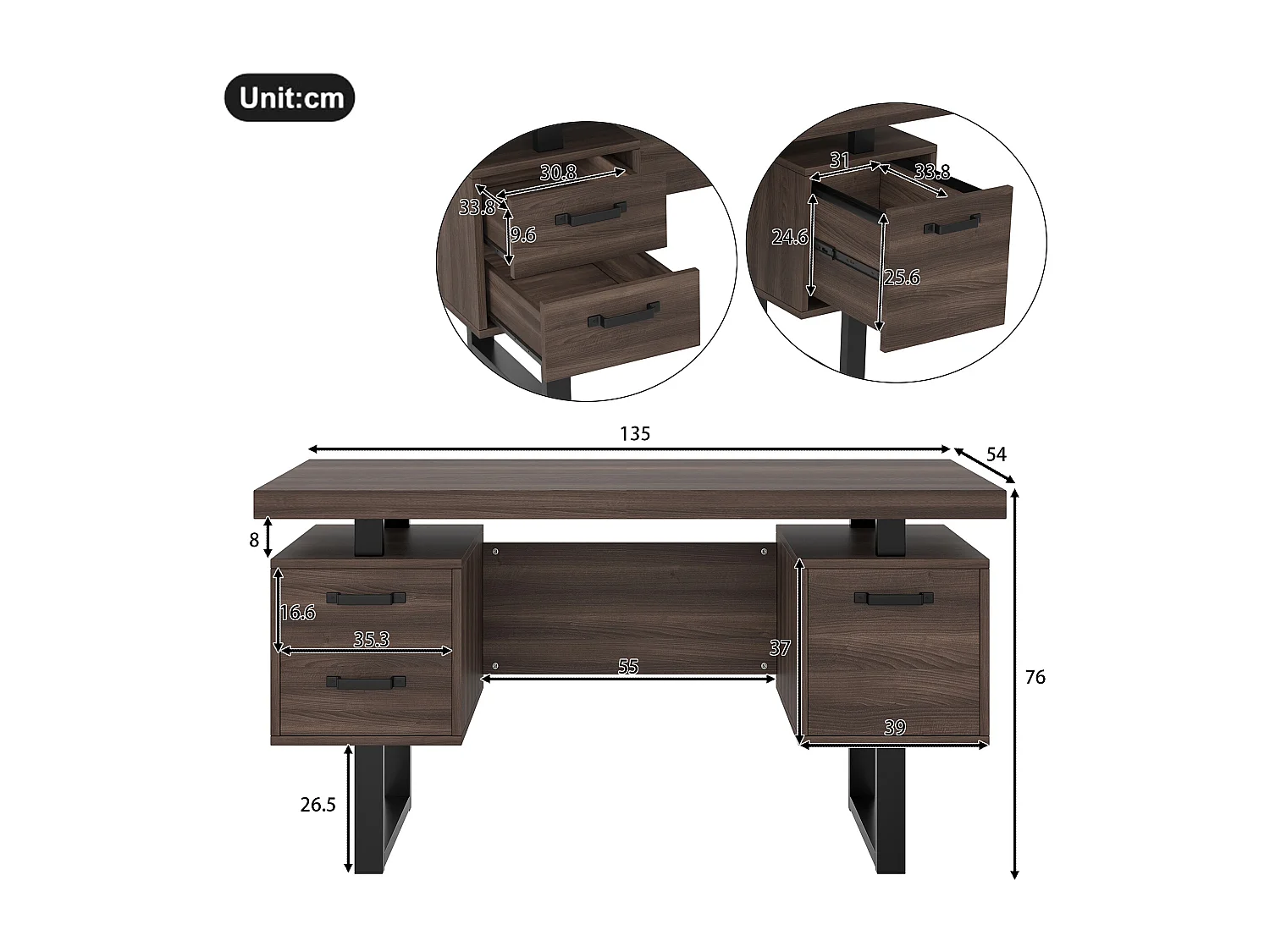 Bureau moderne avec rangement, MDF + métal, design minimaliste, couleur brune (135x54x76 cm)