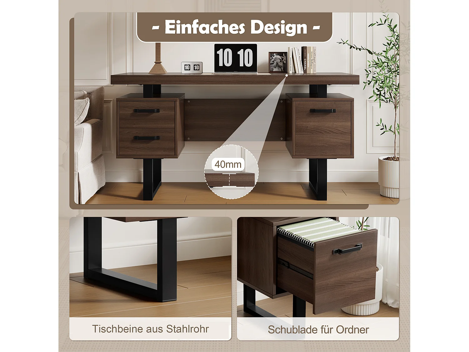 Bureau moderne avec rangement, MDF + métal, design minimaliste, couleur brune (135x54x76 cm)