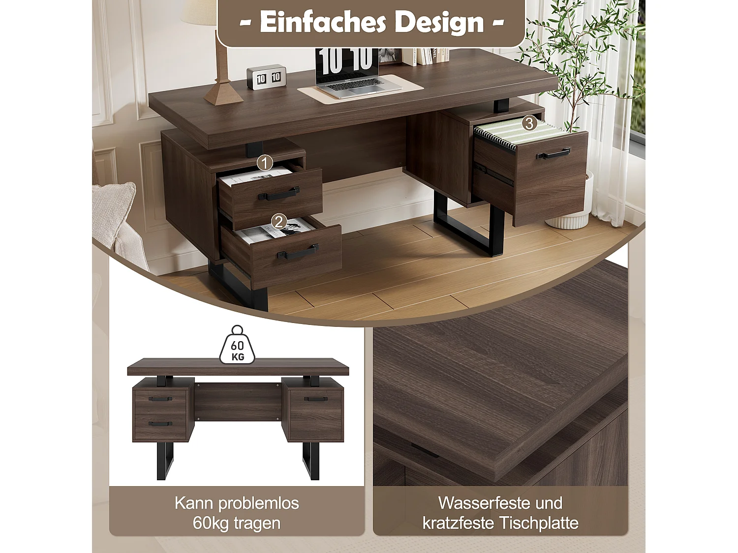 Bureau moderne avec rangement, MDF + métal, design minimaliste, couleur brune (135x54x76 cm)