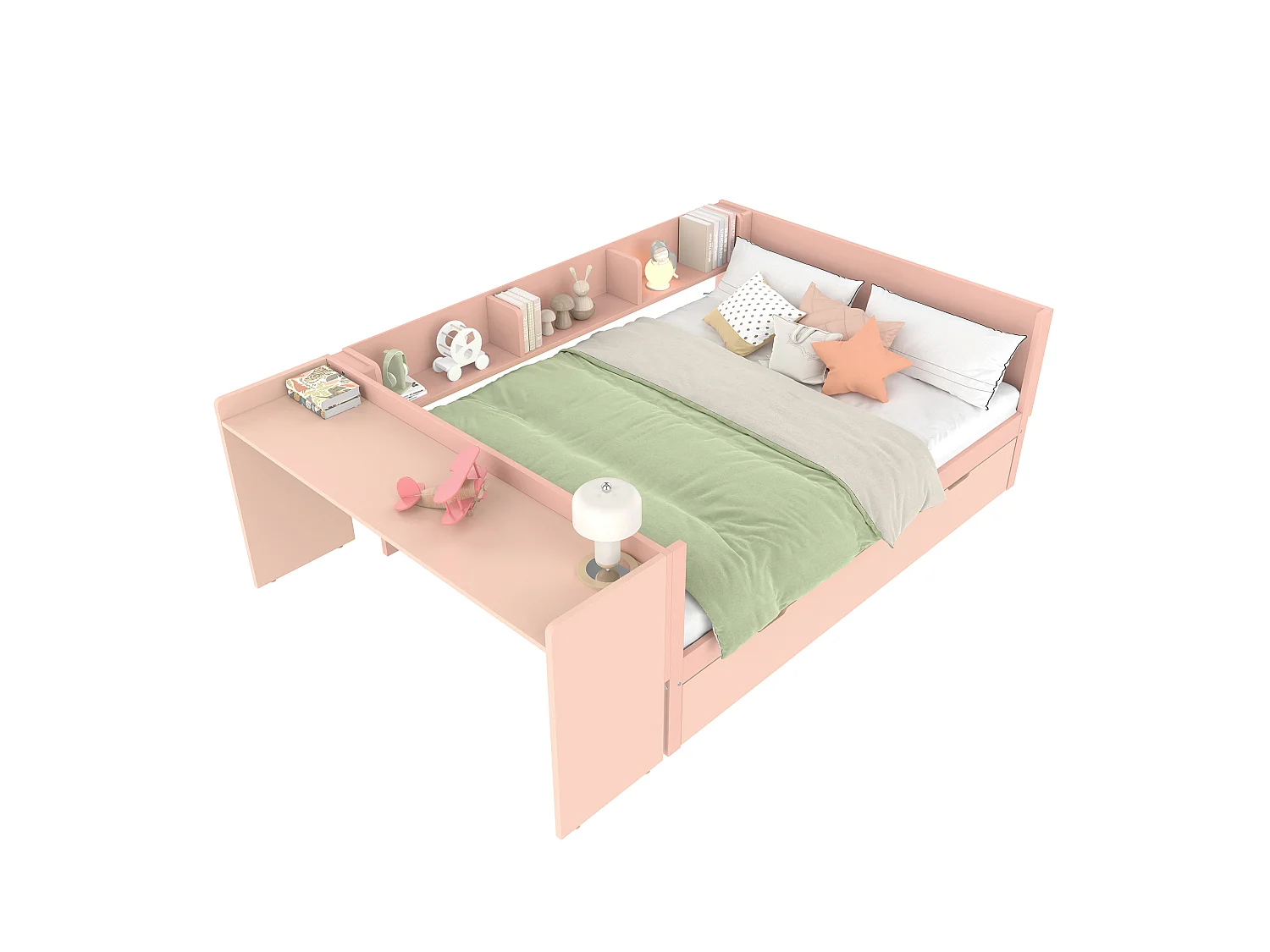 Lit plat avec bureau, tiroir et étagères, bois de pin, rose (140x200 cm)