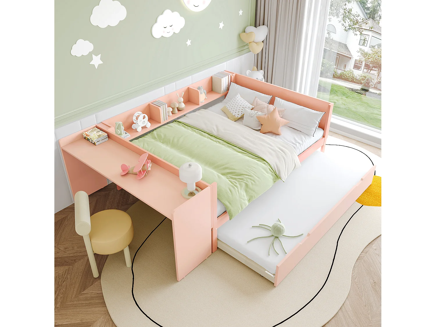 Lit plat avec bureau, tiroir et étagères, bois de pin, rose (140x200 cm)