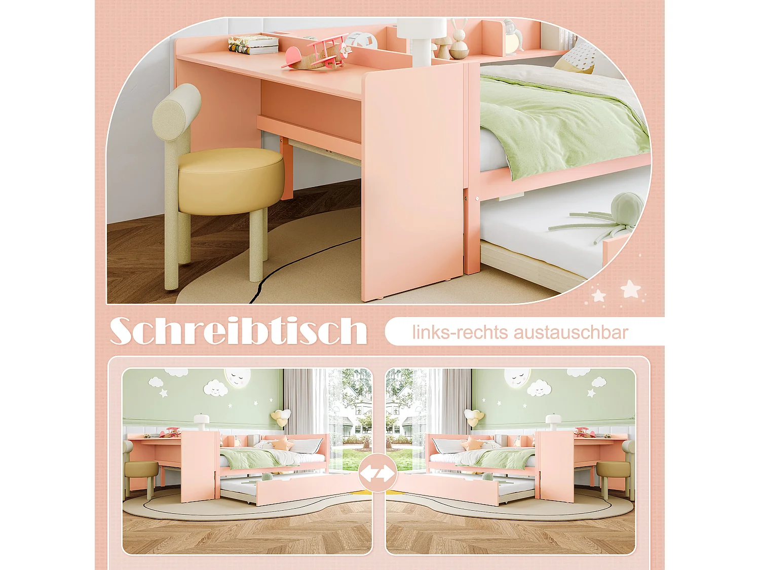 Lit plat avec bureau, tiroir et étagères, bois de pin, rose (140x200 cm)