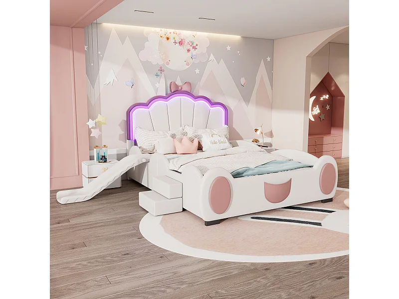 Cama infantil con diseño de mariposas de 140 x 200 cm, con diseño retro y escalera, colores LED, material de poliuretano, rosa y blanco (208 x 250 x 126 cm)