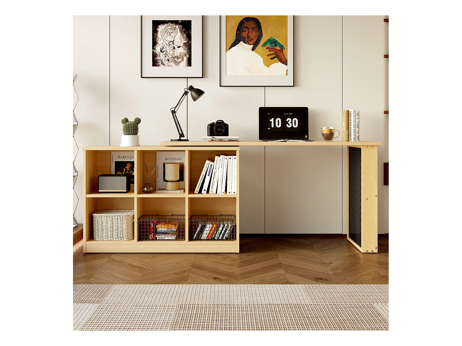 Bureau multifonction, avec étagères et armoires, forme modifiable, plateau épais, MDF, couleur naturelle (140x104x75 cm)