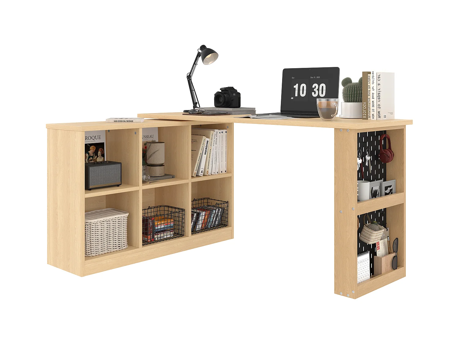 Bureau multifonction, avec étagères et armoires, forme modifiable, plateau épais, MDF, couleur naturelle (140x104x75 cm)