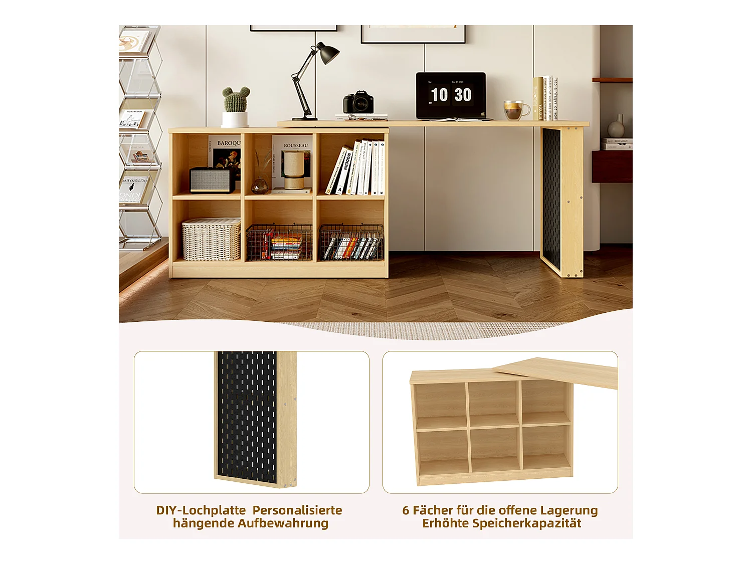 Bureau multifonction, avec étagères et armoires, forme modifiable, plateau épais, MDF, couleur naturelle (140x104x75 cm)