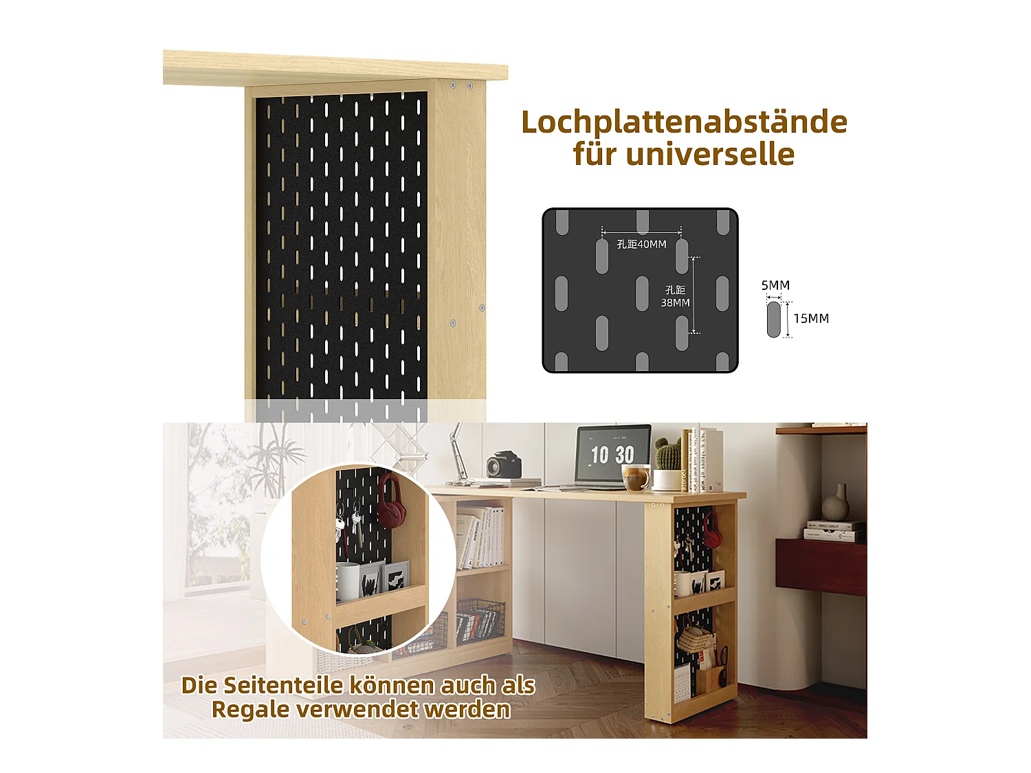 Bureau multifonction, avec étagères et armoires, forme modifiable, plateau épais, MDF, couleur naturelle (140x104x75 cm)