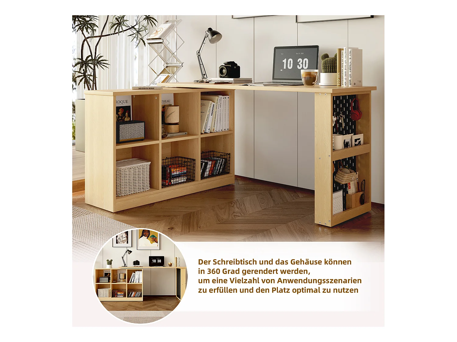 Bureau multifonction, avec étagères et armoires, forme modifiable, plateau épais, MDF, couleur naturelle (140x104x75 cm)