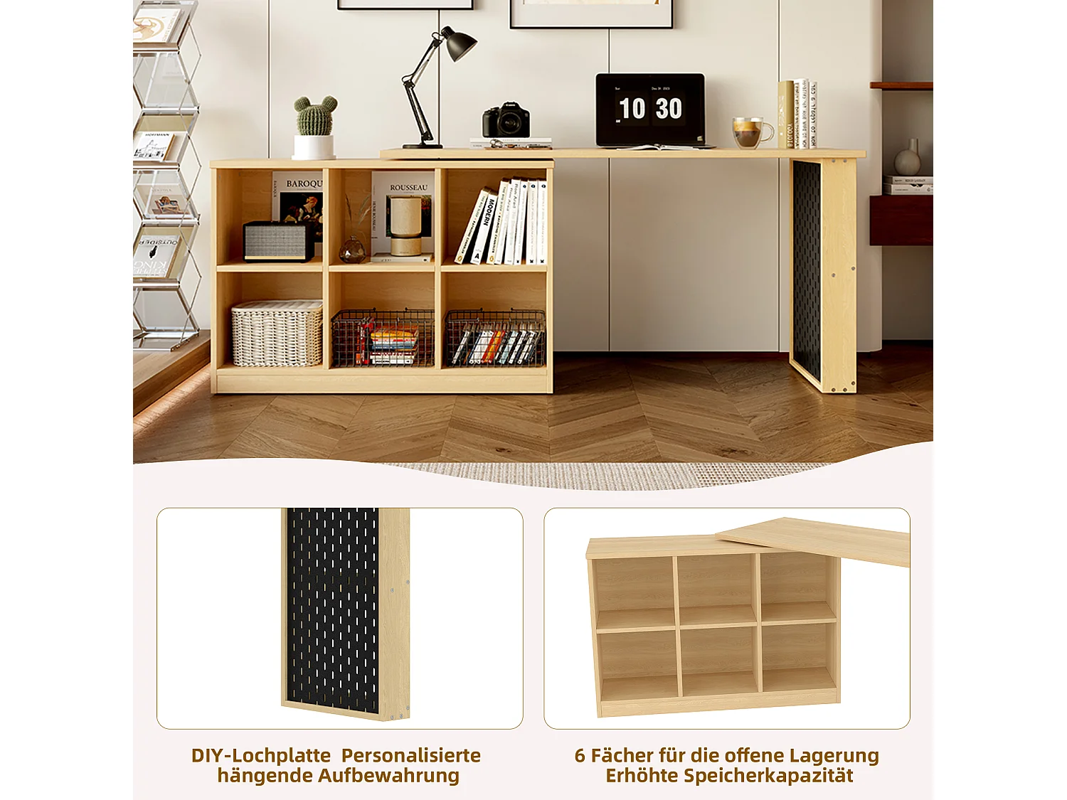 Bureau multifonction, avec étagères et armoires, forme modifiable, plateau épais, MDF, couleur naturelle (140x104x75 cm)