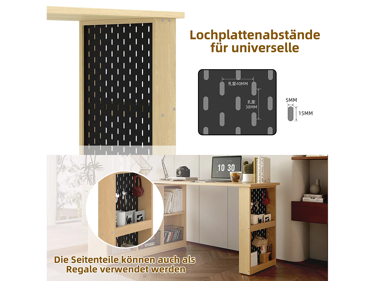 Bureau multifonction, avec étagères et armoires, forme modifiable, plateau épais, MDF, couleur naturelle (140x104x75 cm)