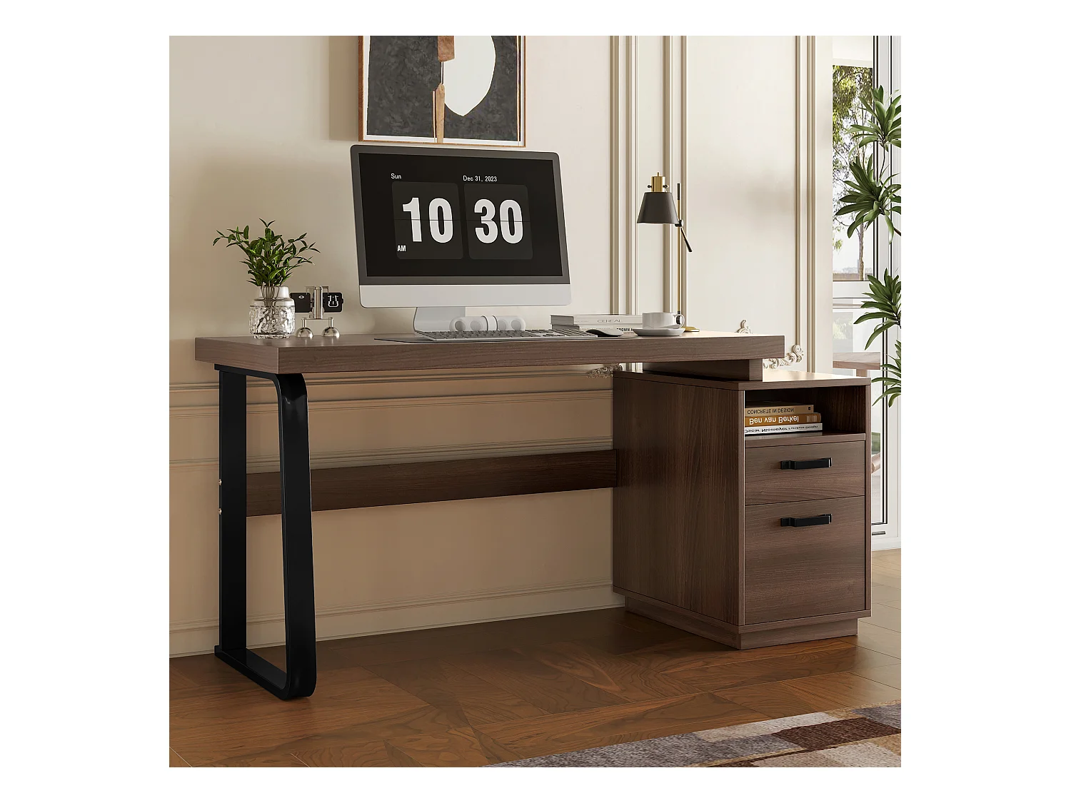Bureau moderne avec rangement, MDF + métal, design minimaliste, couleur brune (135x54x76.4 cm)