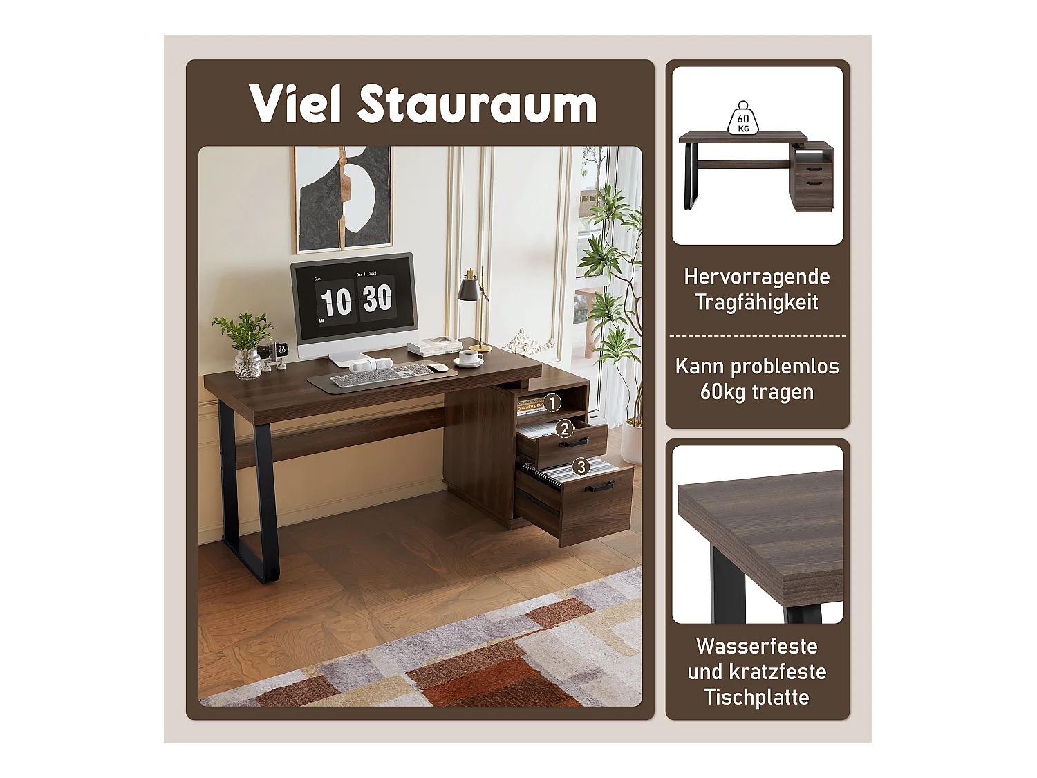 Bureau moderne avec rangement, MDF + métal, design minimaliste, couleur brune (135x54x76.4 cm)