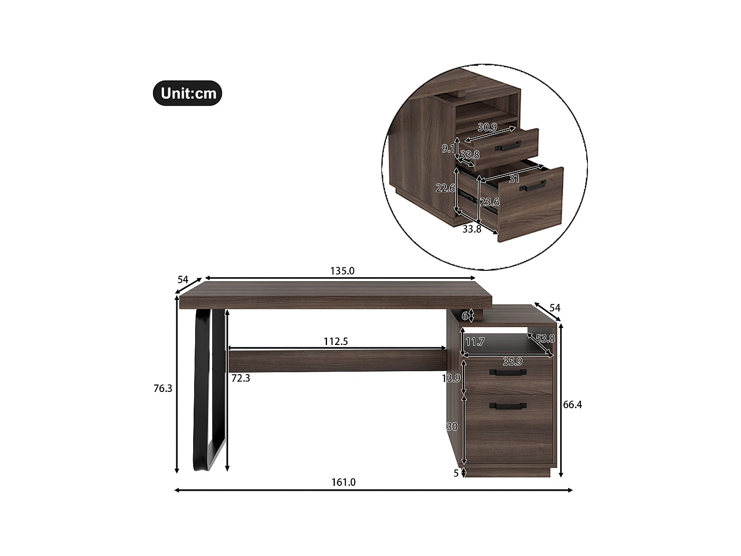 Bureau moderne avec rangement, MDF + métal, design minimaliste, couleur brune (135x54x76.4 cm)