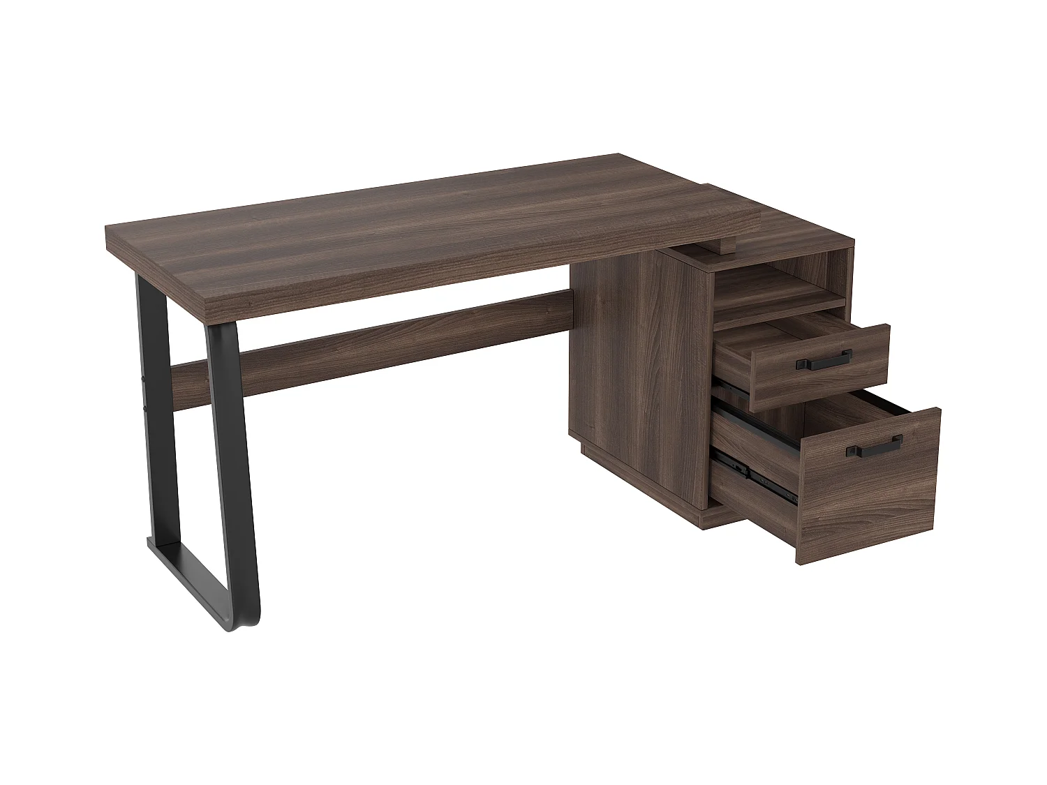 Bureau moderne avec rangement, MDF + métal, design minimaliste, couleur brune (135x54x76.4 cm)