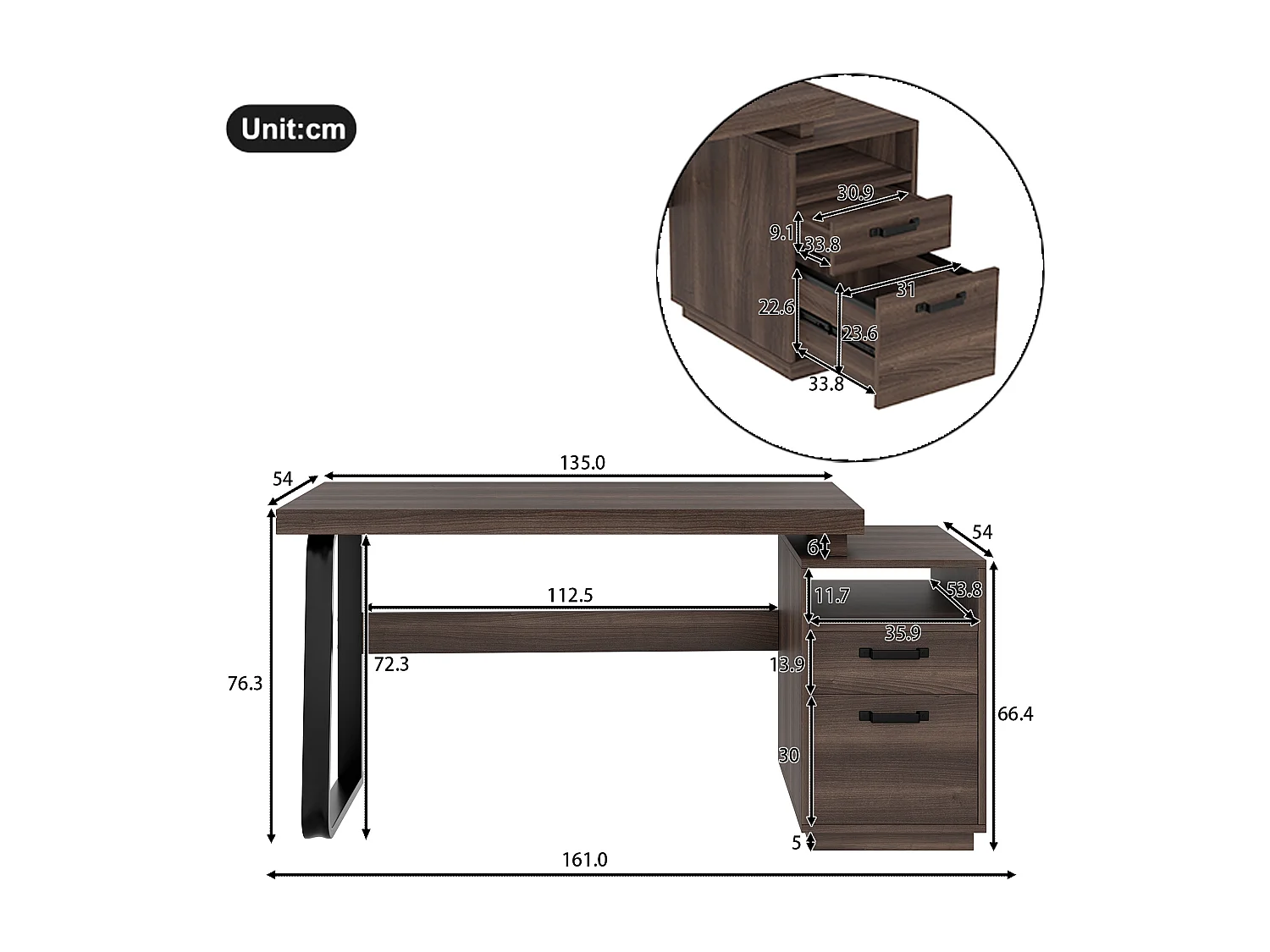 Bureau moderne avec rangement, MDF + métal, design minimaliste, couleur brune (135x54x76.4 cm)