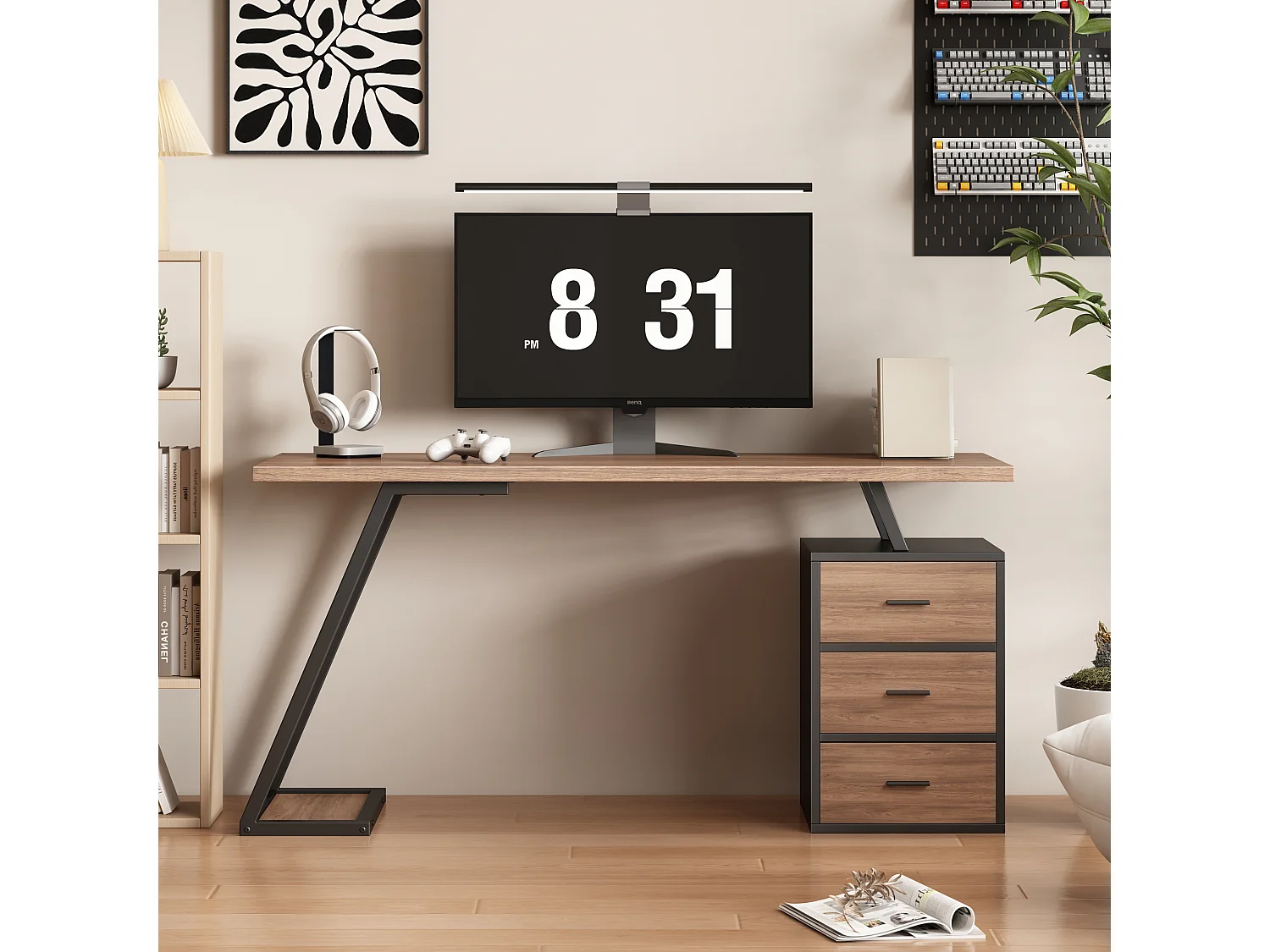 Bureau industriel avec étagères et tiroirs, MDF, métal, marron (138.5x58x75 cm)