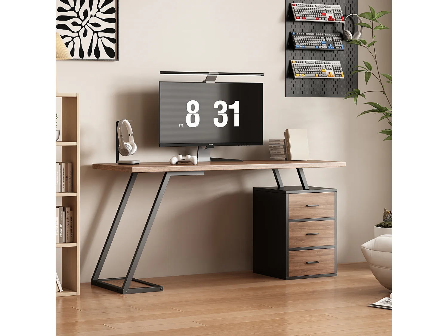 Bureau industriel avec étagères et tiroirs, MDF, métal, marron (138.5x58x75 cm)