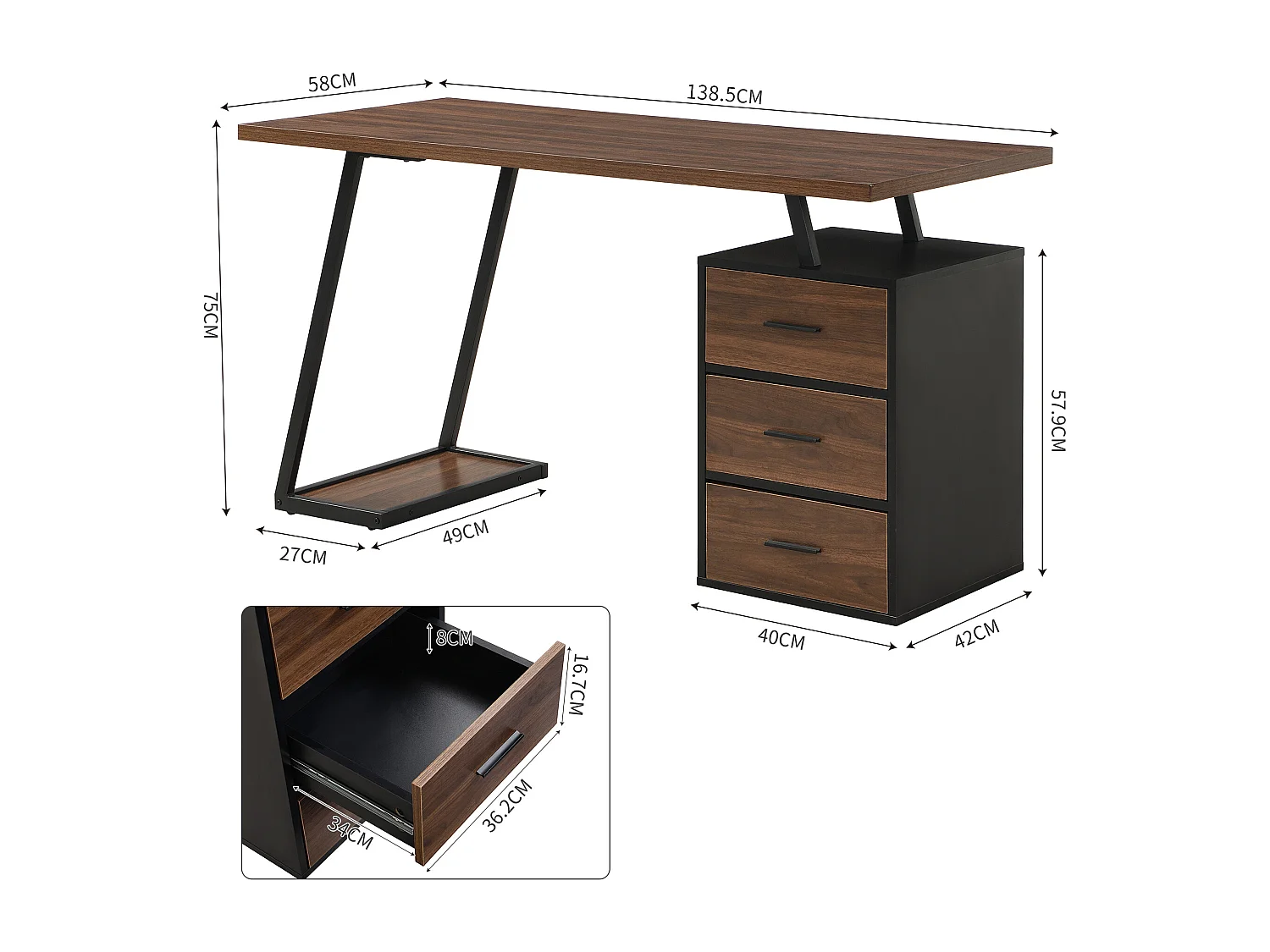 Bureau industriel avec étagères et tiroirs, MDF, métal, marron (138.5x58x75 cm)