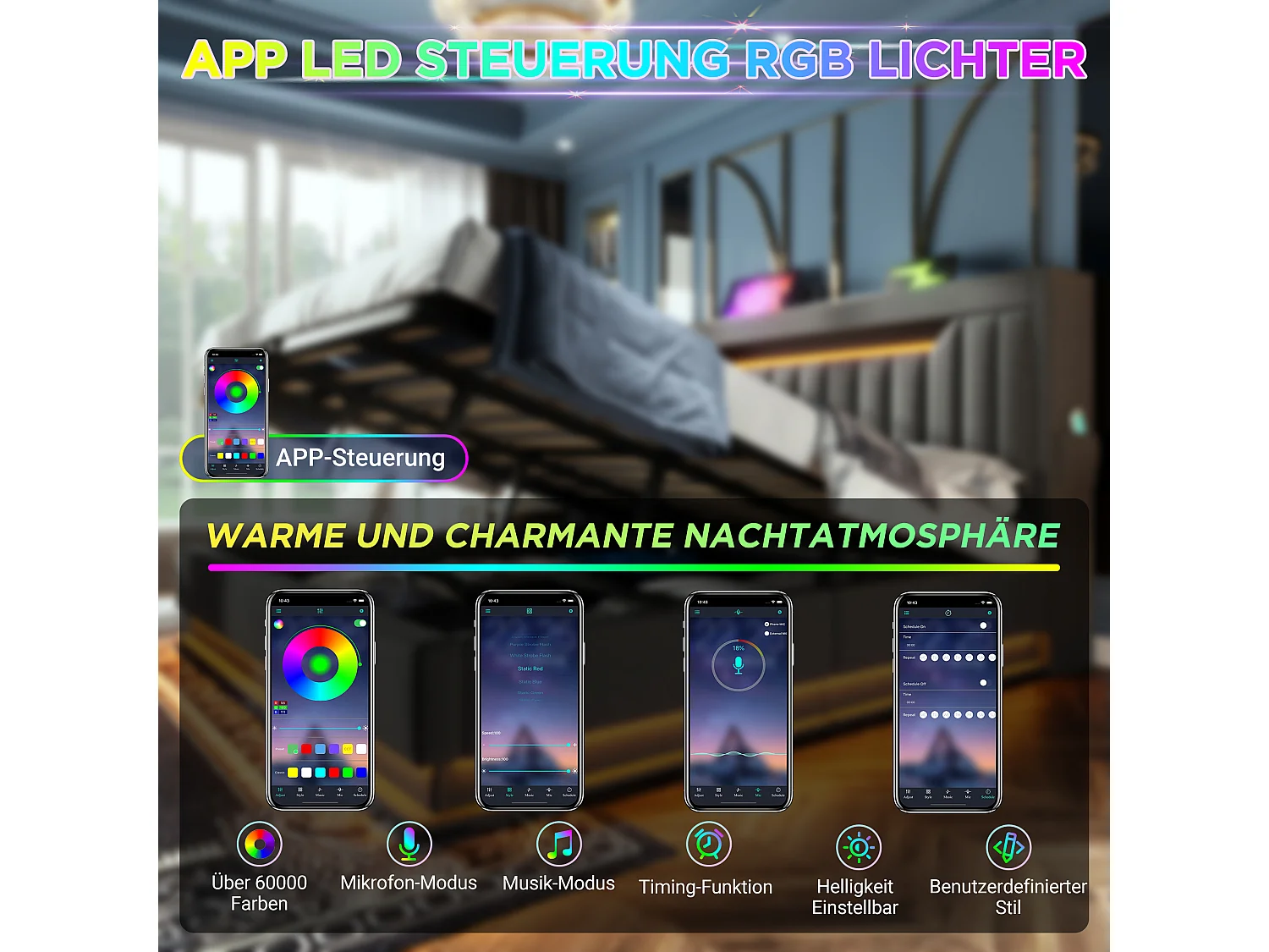 Cama doble con cabecero con canapé, LED y USB, lino gris, 180x200 cm (sin colchón)