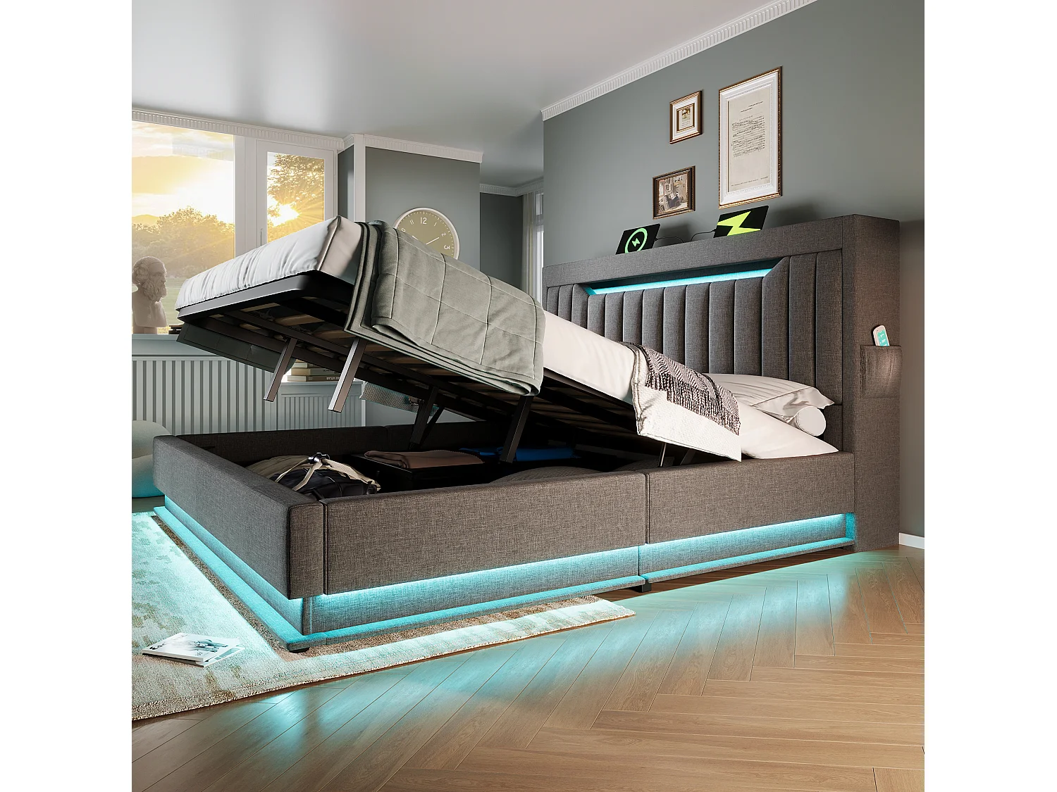Cama doble con cabecero con canapé, LED y USB, lino gris, 180x200 cm (sin colchón)