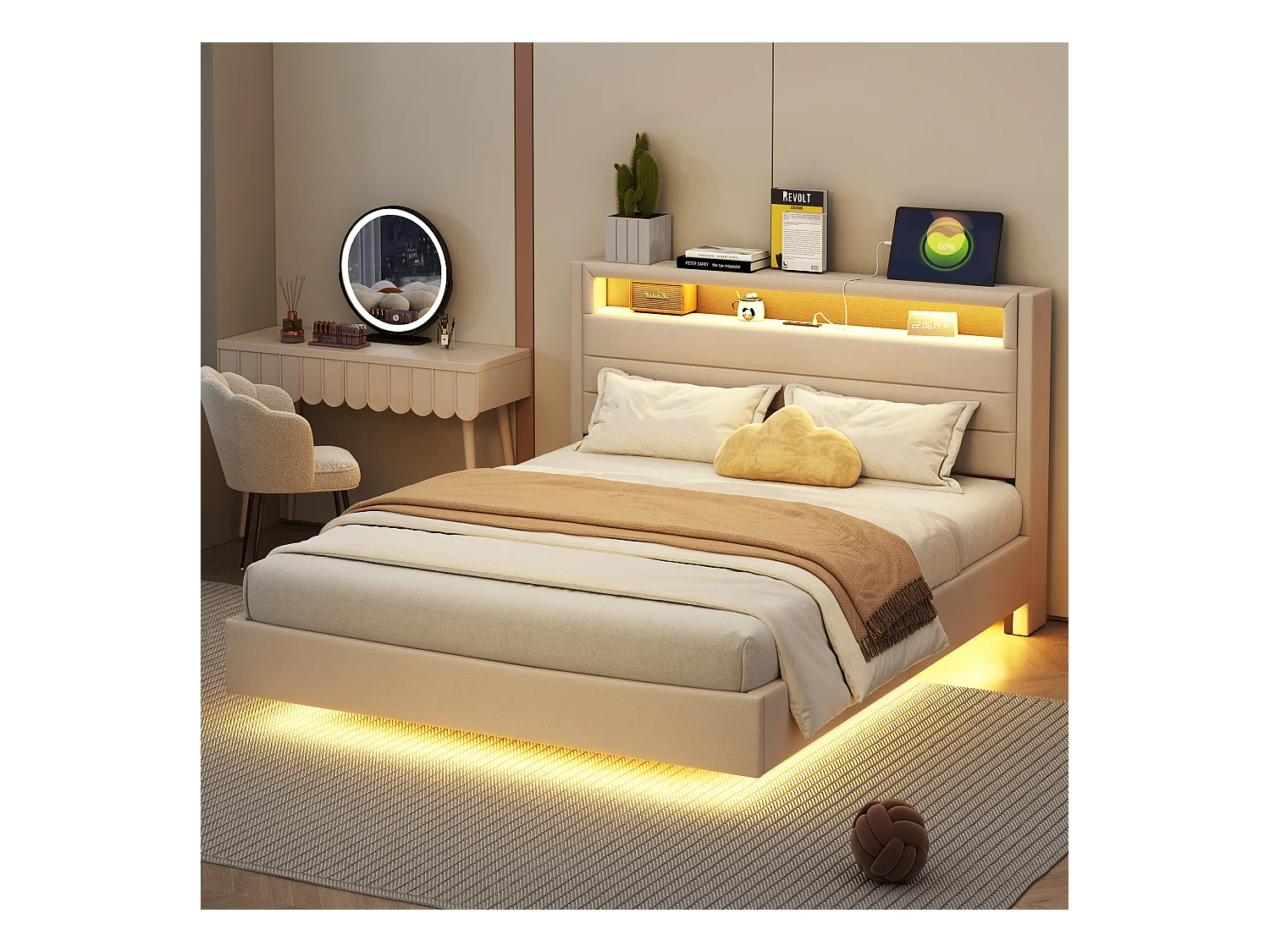 Lit capitonné 140x200 cm, avec USB et LED, tête de lit réversible, pied caché, lit double ou enfant, tissu lin beige (214x141x106 cm)