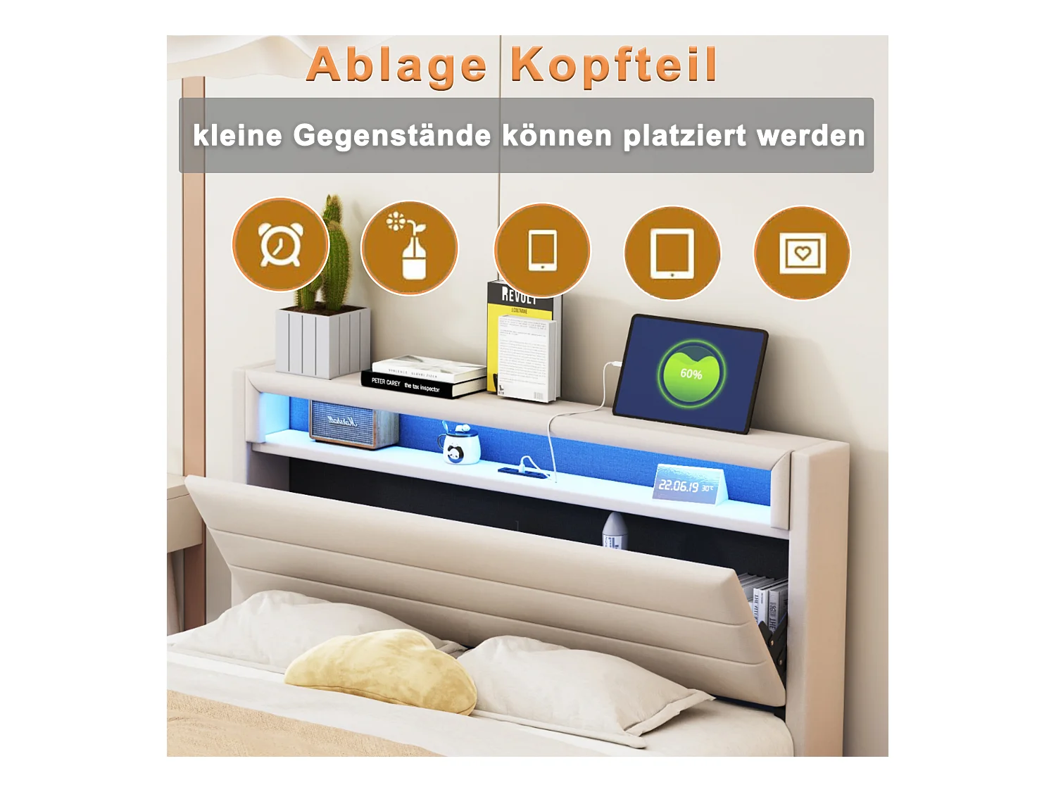 Lit capitonné 140x200 cm, avec USB et LED, tête de lit réversible, pied caché, lit double ou enfant, tissu lin beige (214x141x106 cm)