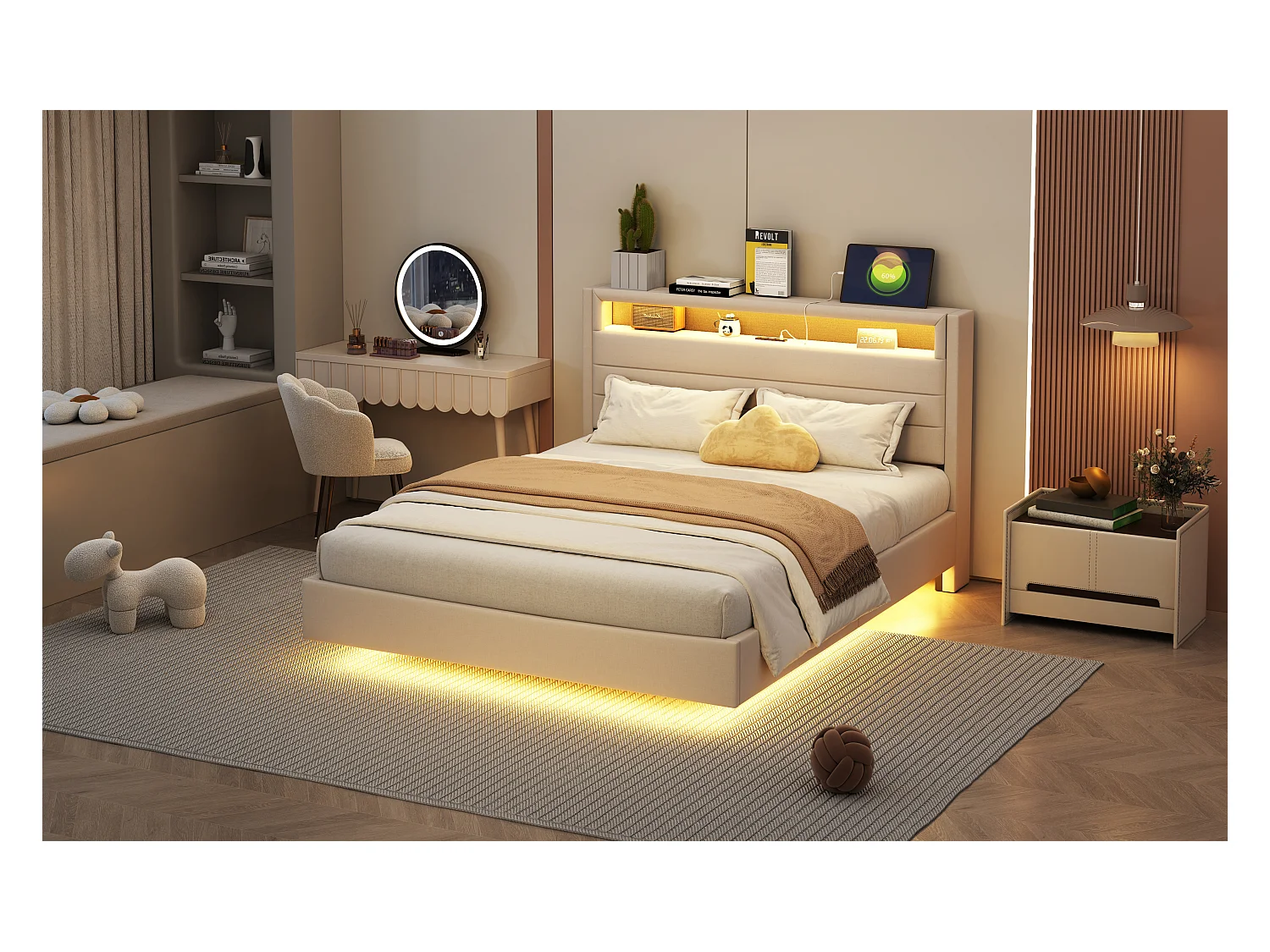 Lit capitonné 140x200 cm, avec USB et LED, tête de lit réversible, pied caché, lit double ou enfant, tissu lin beige (214x141x106 cm)