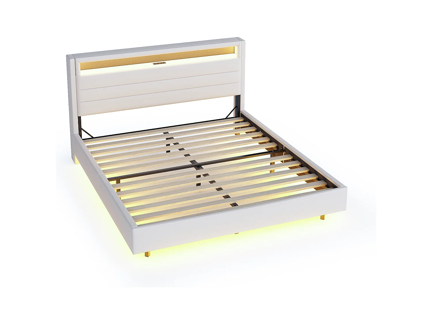 Lit capitonné 140x200 cm, avec USB et LED, tête de lit réversible, pied caché, lit double ou enfant, tissu lin beige (214x141x106 cm)