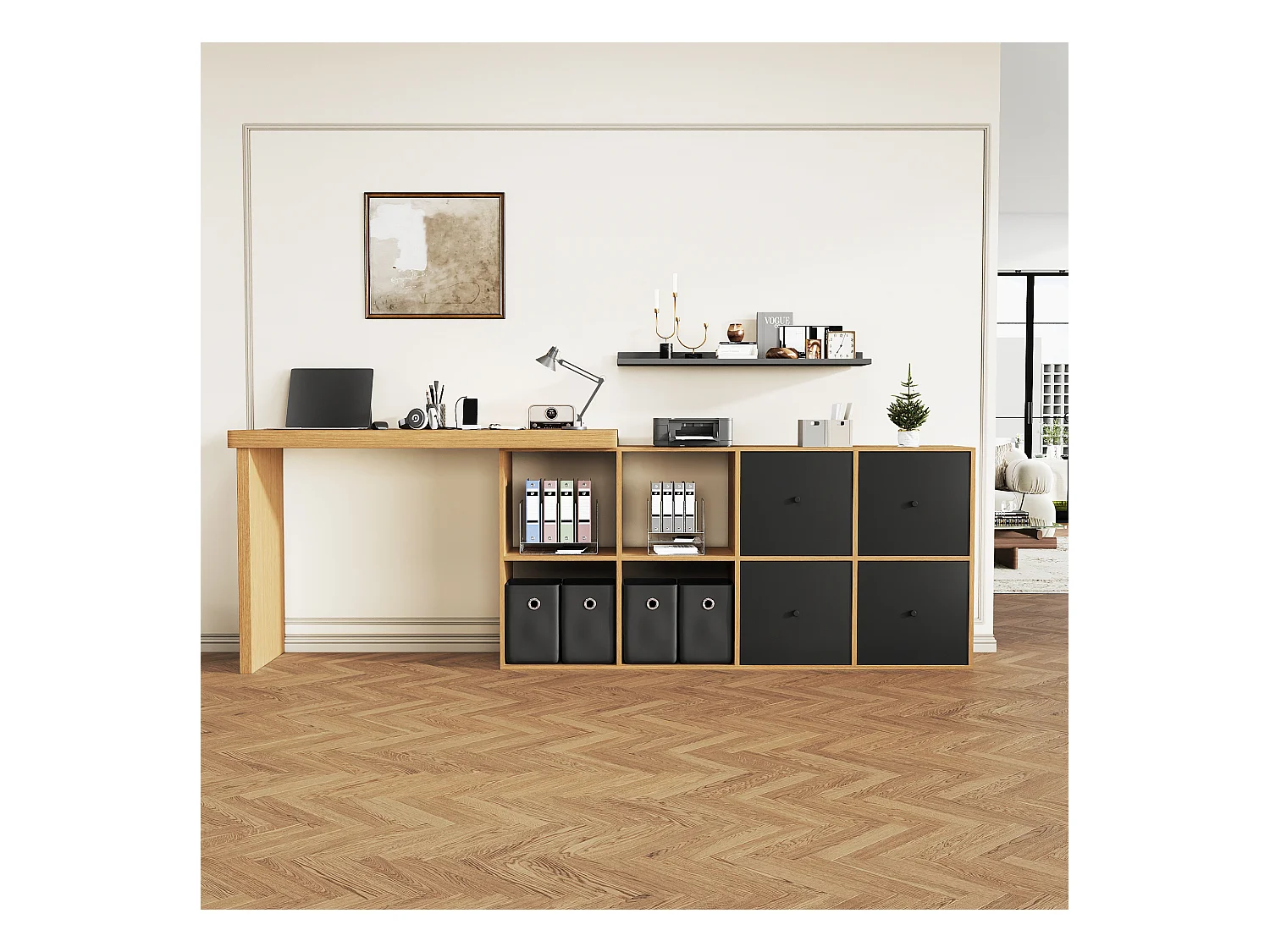 Scrivania angolare girevole a 360° – Scrivania con 4 cassetti, 4 scomparti, MDF, nero e rovere (120x48x78 cm) + (140x35x74 cm)