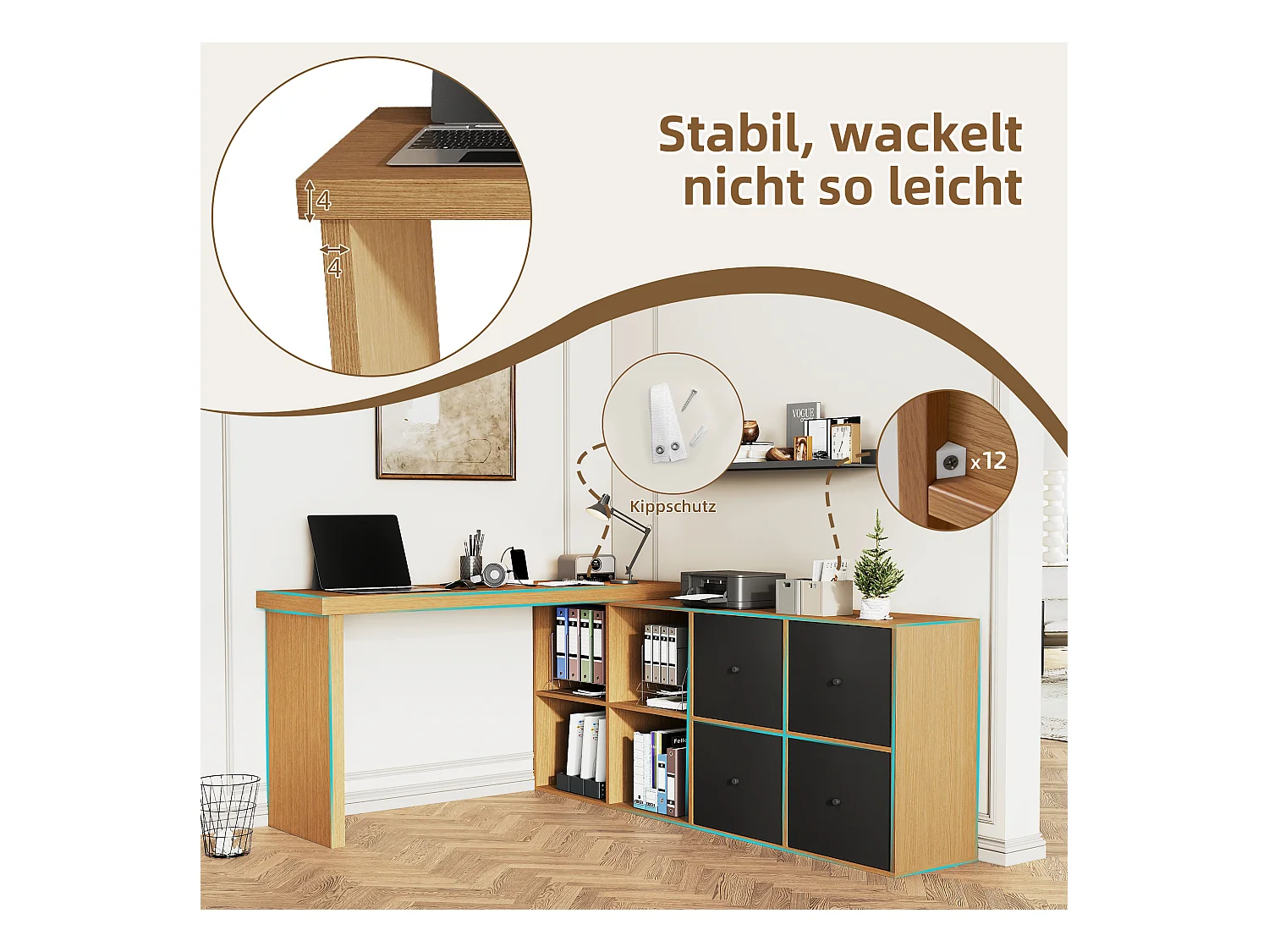 Scrivania angolare girevole a 360° – Scrivania con 4 cassetti, 4 scomparti, MDF, nero e rovere (120x48x78 cm) + (140x35x74 cm)