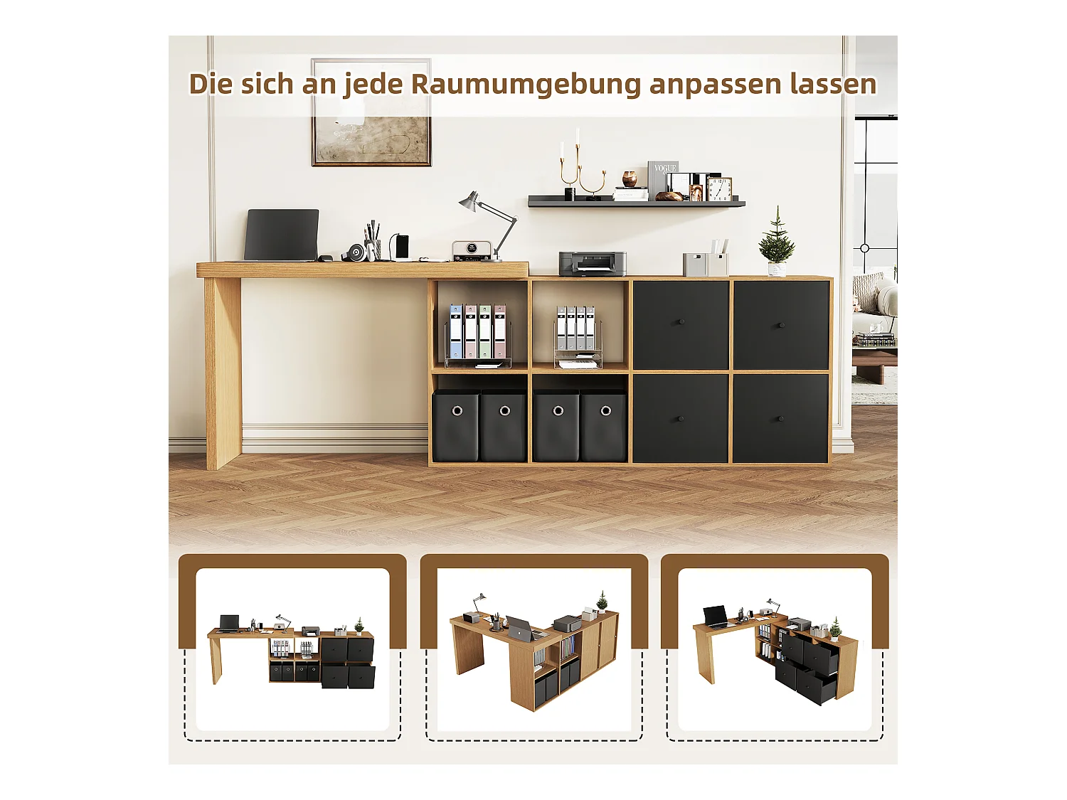 Scrivania angolare girevole a 360° – Scrivania con 4 cassetti, 4 scomparti, MDF, nero e rovere (120x48x78 cm) + (140x35x74 cm)