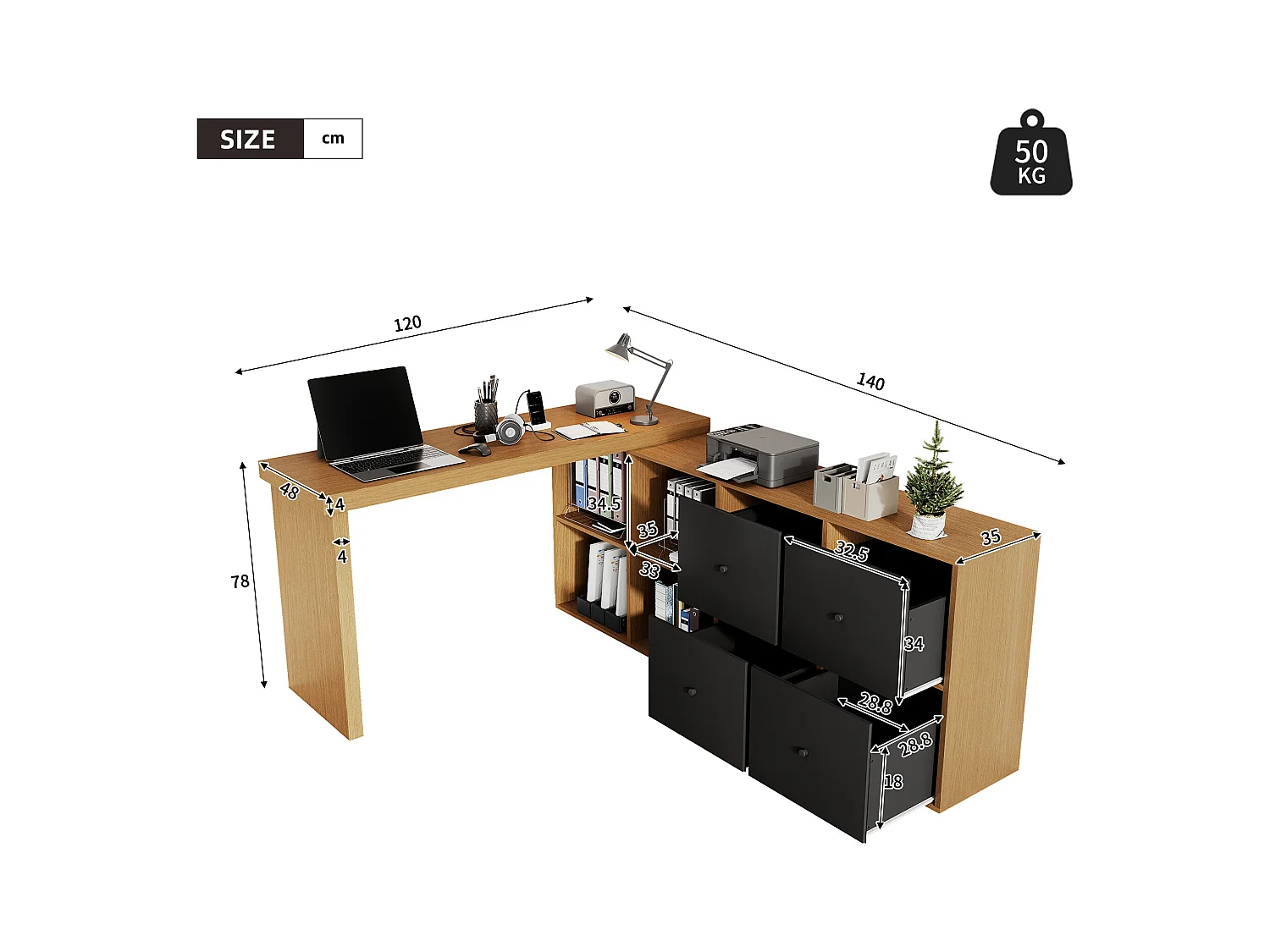 Scrivania angolare girevole a 360° – Scrivania con 4 cassetti, 4 scomparti, MDF, nero e rovere (120x48x78 cm) + (140x35x74 cm)