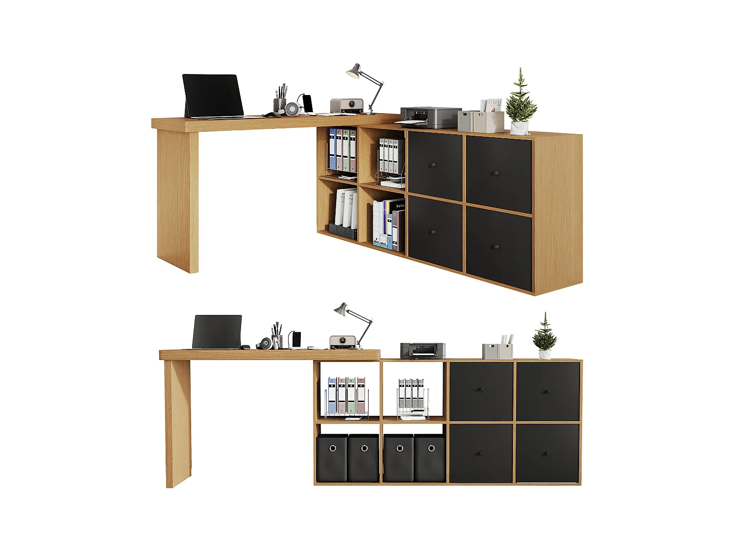 Scrivania angolare girevole a 360° – Scrivania con 4 cassetti, 4 scomparti, MDF, nero e rovere (120x48x78 cm) + (140x35x74 cm)