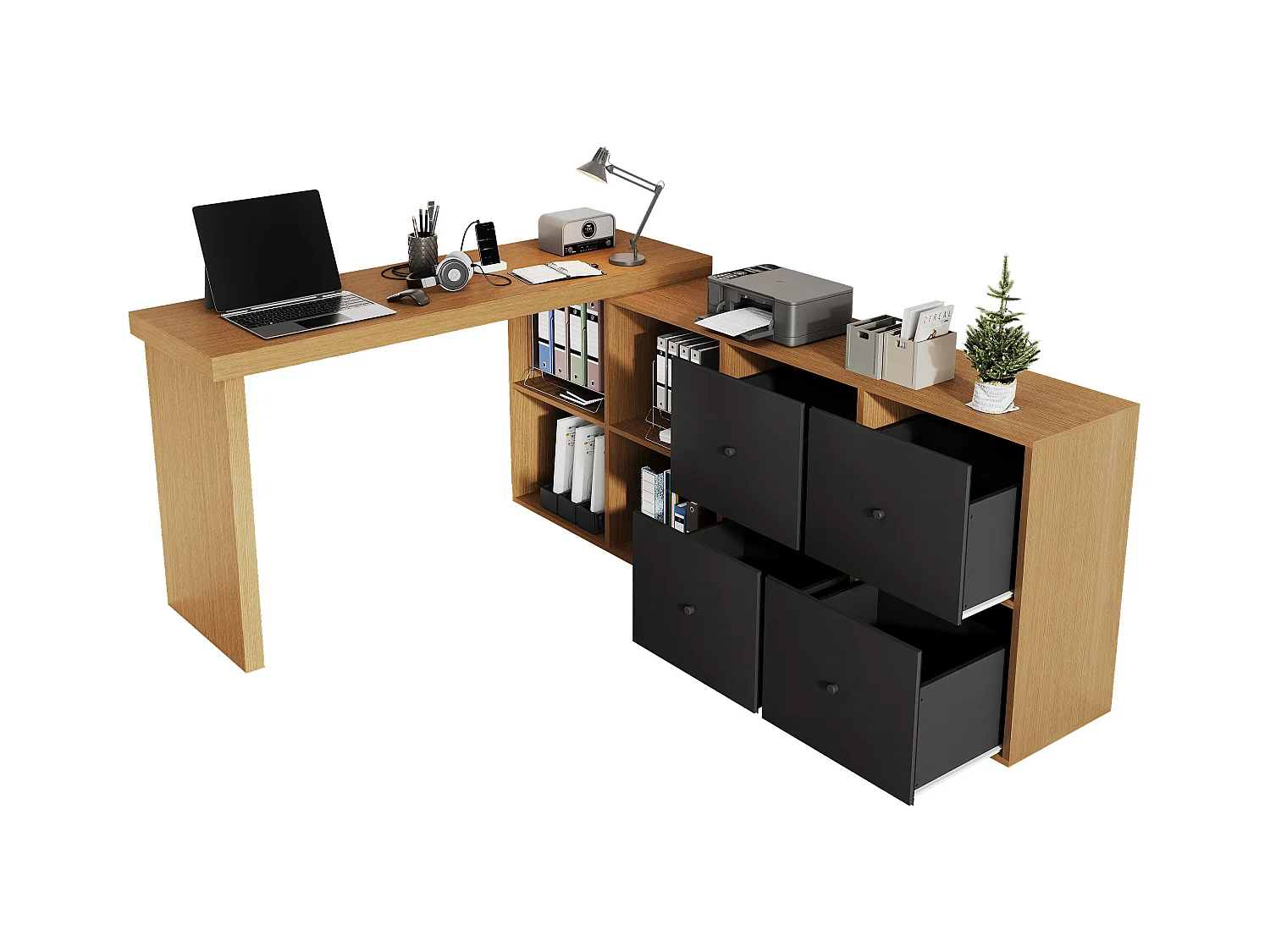 Scrivania angolare girevole a 360° – Scrivania con 4 cassetti, 4 scomparti, MDF, nero e rovere (120x48x78 cm) + (140x35x74 cm)