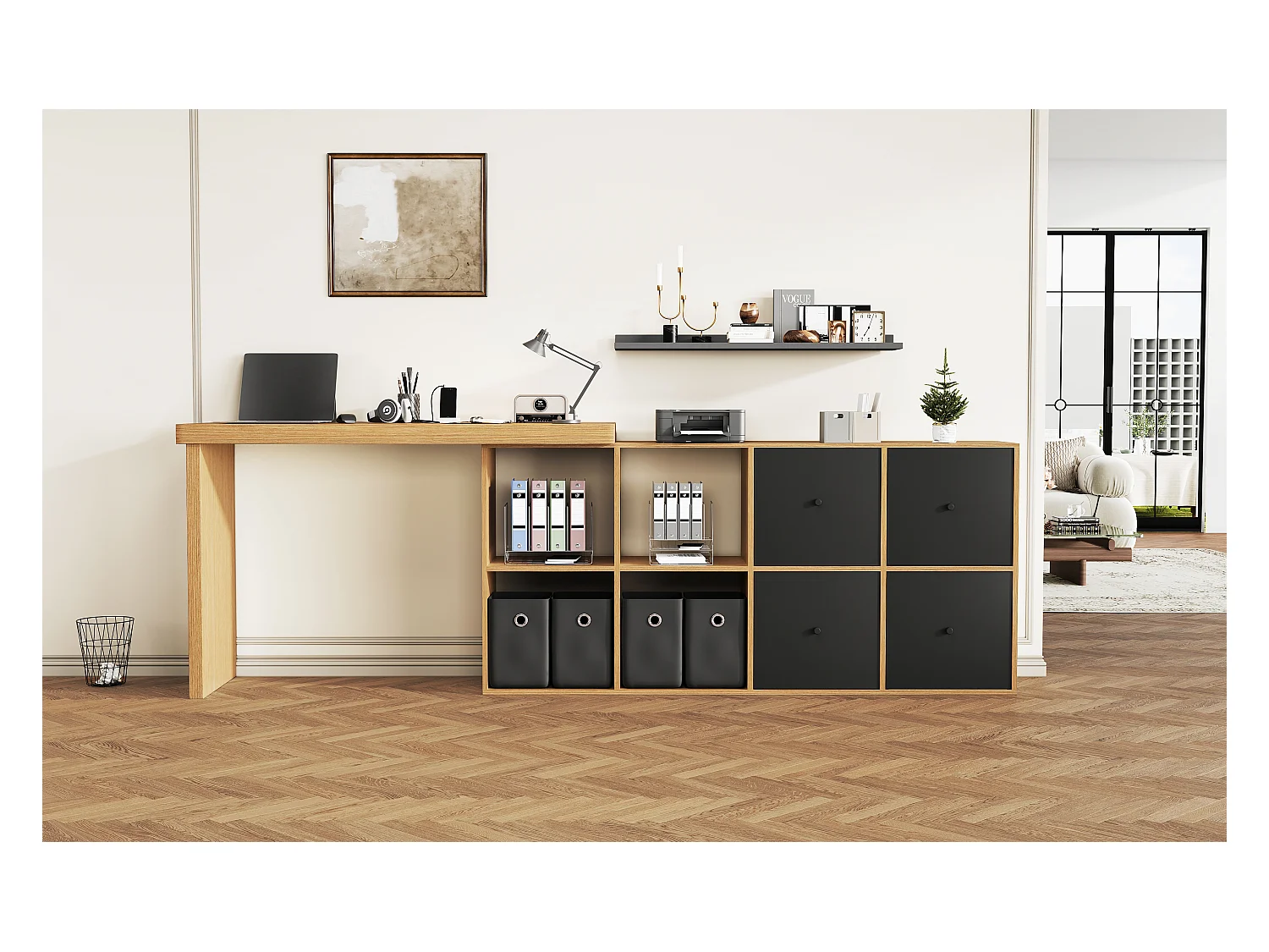 Scrivania angolare girevole a 360° – Scrivania con 4 cassetti, 4 scomparti, MDF, nero e rovere (120x48x78 cm) + (140x35x74 cm)