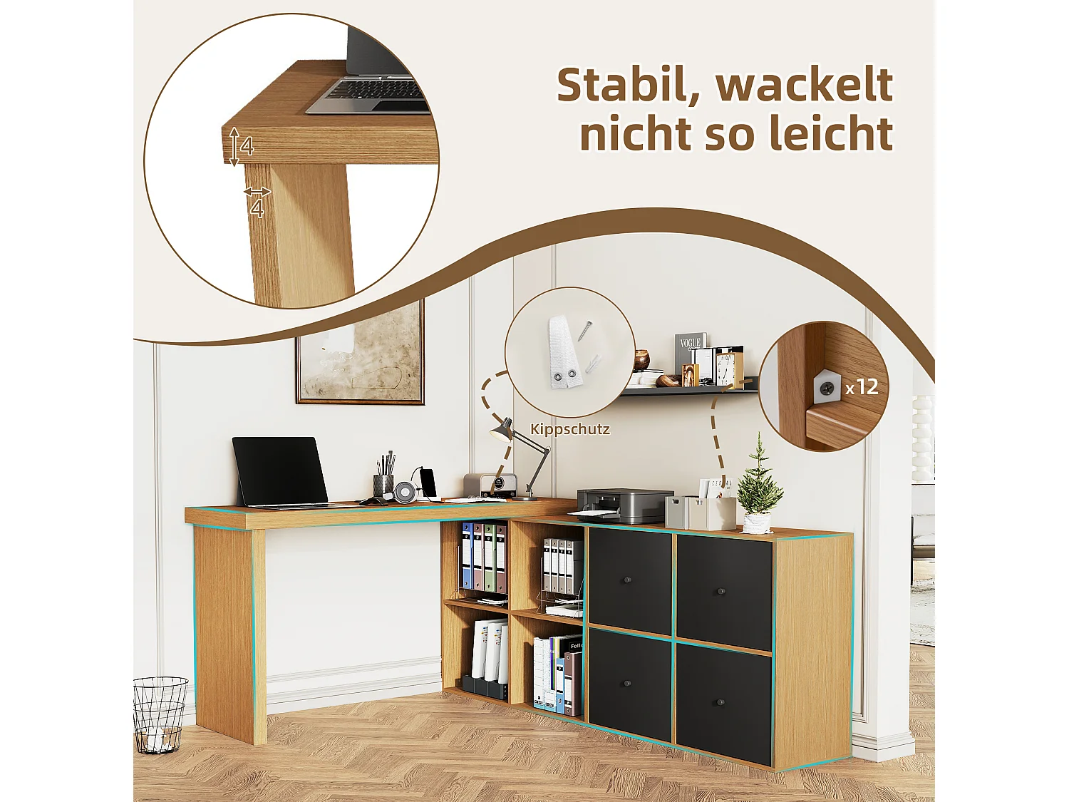 Bureau d'angle pivotant 360° – Bureau avec 4 tiroirs, 4 compartiments, MDF, noir et chêne (120x48x78 cm) + (140x35x74 cm)