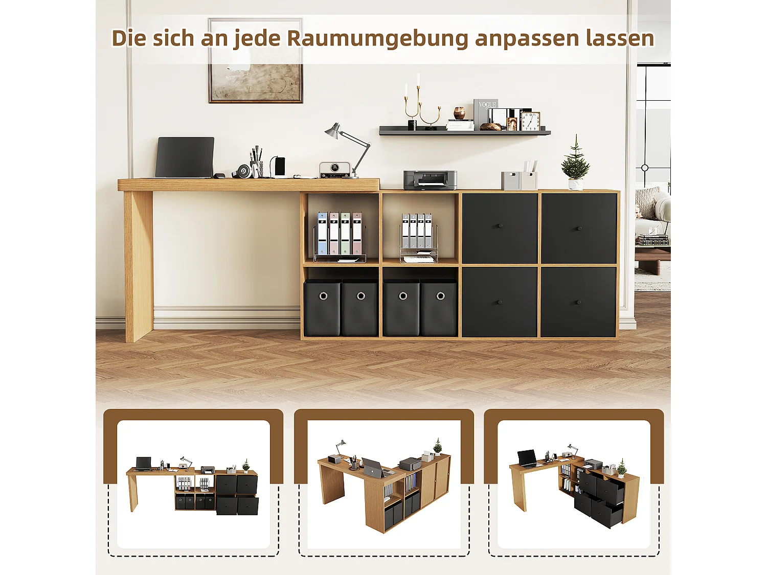 Bureau d'angle pivotant 360° – Bureau avec 4 tiroirs, 4 compartiments, MDF, noir et chêne (120x48x78 cm) + (140x35x74 cm)