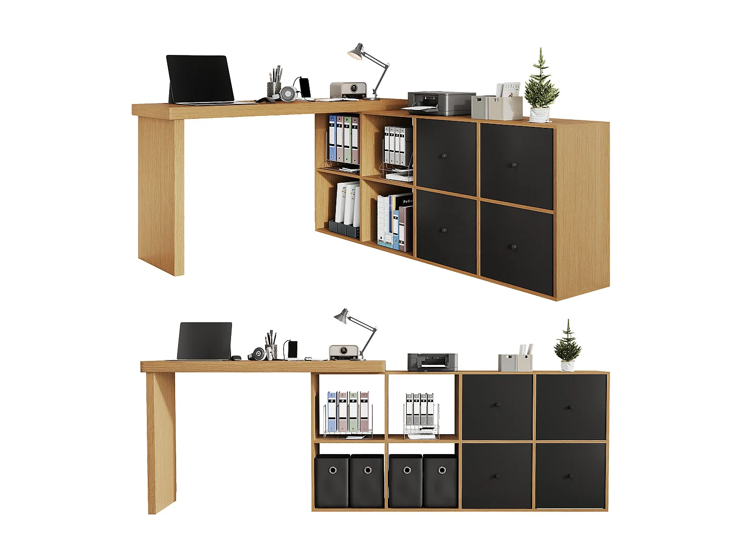 Bureau d'angle pivotant 360° – Bureau avec 4 tiroirs, 4 compartiments, MDF, noir et chêne (120x48x78 cm) + (140x35x74 cm)