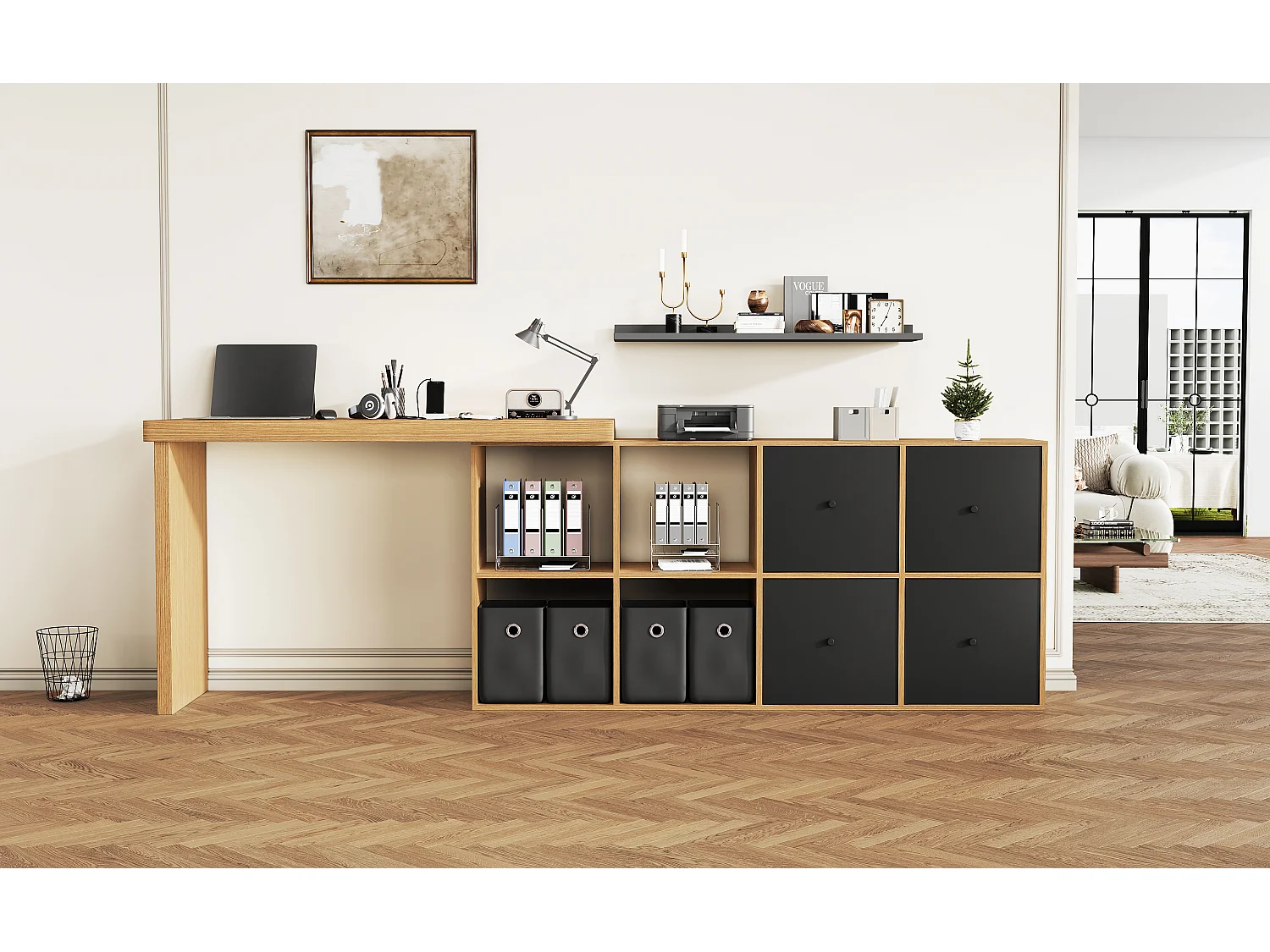 Bureau d'angle pivotant 360° – Bureau avec 4 tiroirs, 4 compartiments, MDF, noir et chêne (120x48x78 cm) + (140x35x74 cm)