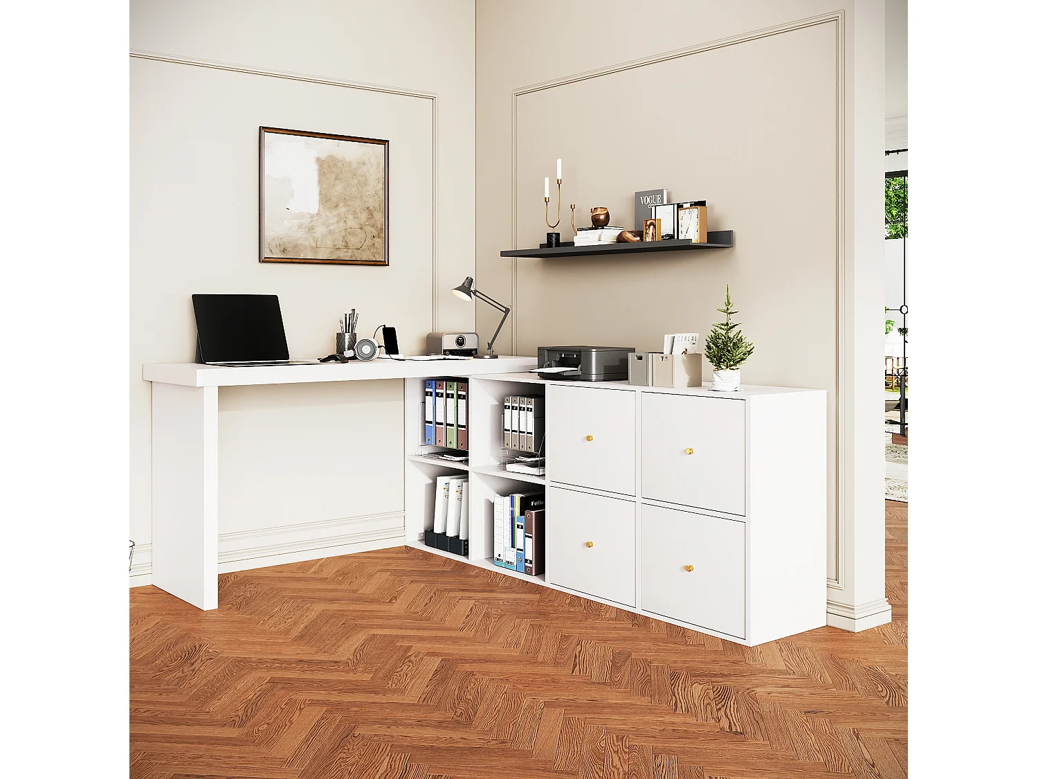 Mesa de esquina giratoria de 360° - Escritorio con 4 cajones y 4 compartimentos, MDF, blanco (120 x 48 x 78 cm) + (140 x 35 x 74 cm)