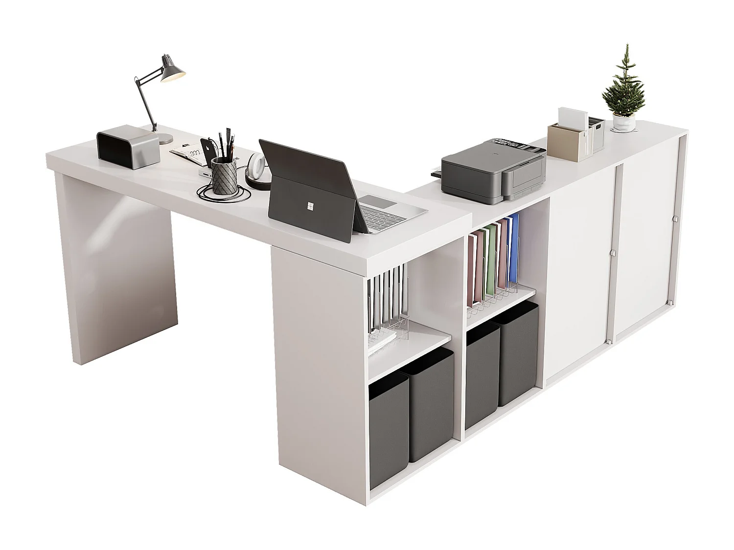 Mesa de esquina giratoria de 360° - Escritorio con 4 cajones y 4 compartimentos, MDF, blanco (120 x 48 x 78 cm) + (140 x 35 x 74 cm)