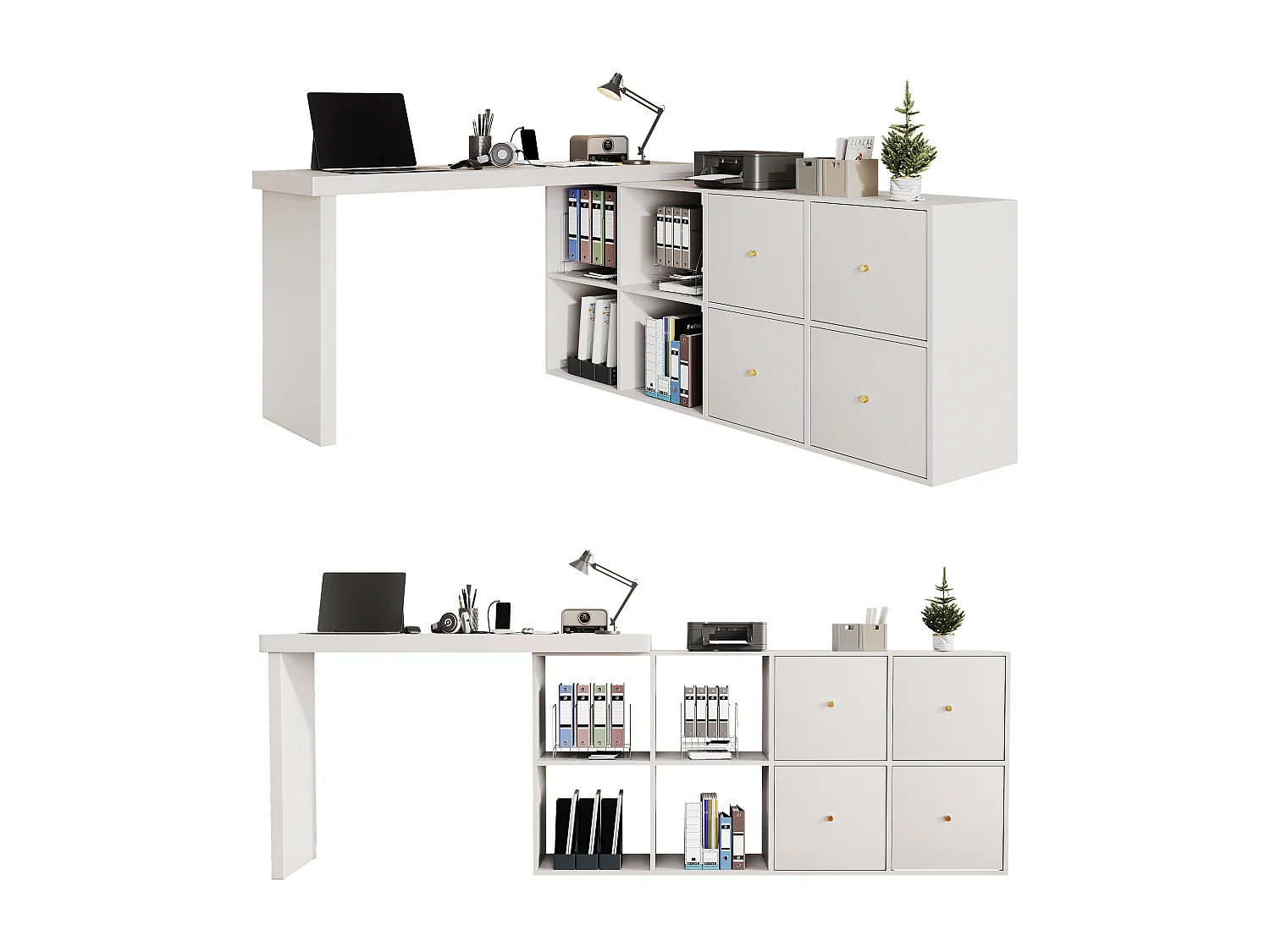 Mesa de esquina giratoria de 360° - Escritorio con 4 cajones y 4 compartimentos, MDF, blanco (120 x 48 x 78 cm) + (140 x 35 x 74 cm)